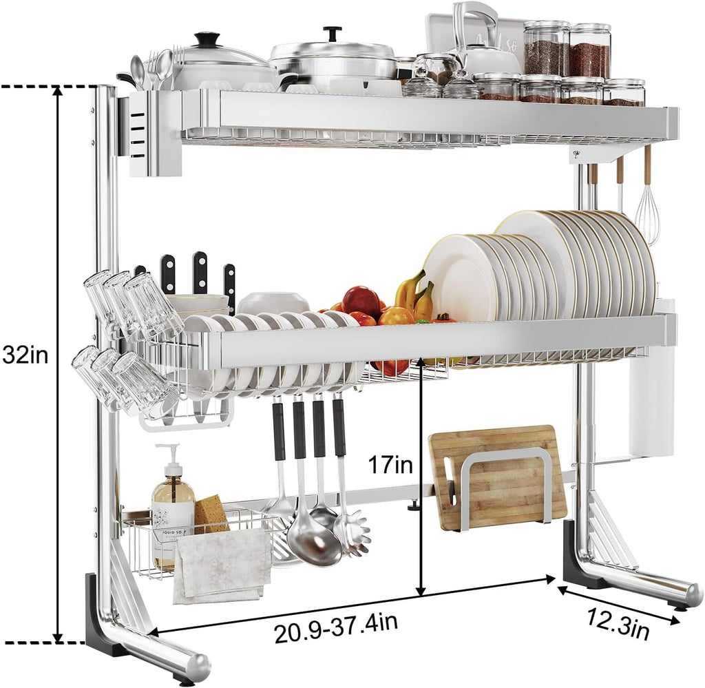 CUISIBOT Over The Sink Dish Drainer Drying Rack 3 Tier, Full Stainless Steel Dish Drying Rack Adjustable Length 20.9''-37.4'', Kitchen Sink Shelf, Organized Space-Saving Dish Rack