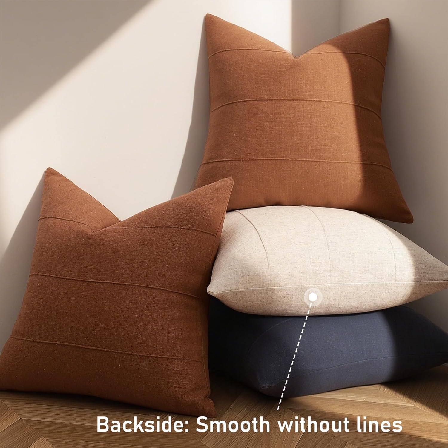 ZWJD Decorative Linen Throw Pillow Covers 26x26 Set of 2 Solid Handcrafted Striped Cushion Covers for Bed Soft Modern Farmhouse Neutral Pillowcase for Couch Bedroom Living Room Home Decor(Rust)