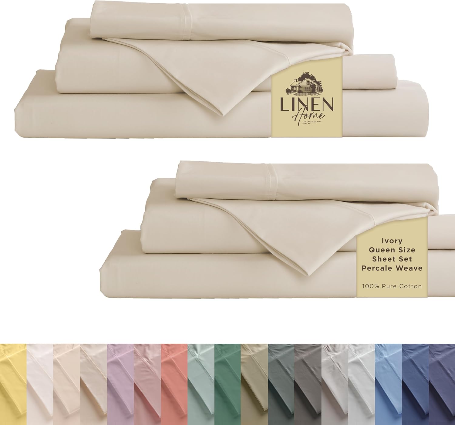 Linen Home 100% Cotton Percale Sheets King Size, White, Deep Pocket, 4 Pieces Set - 1 Flat, 1 Deep Pocket Fitted Sheet and 2 Pillowcases, Crisp Cool and Strong Bed Linen