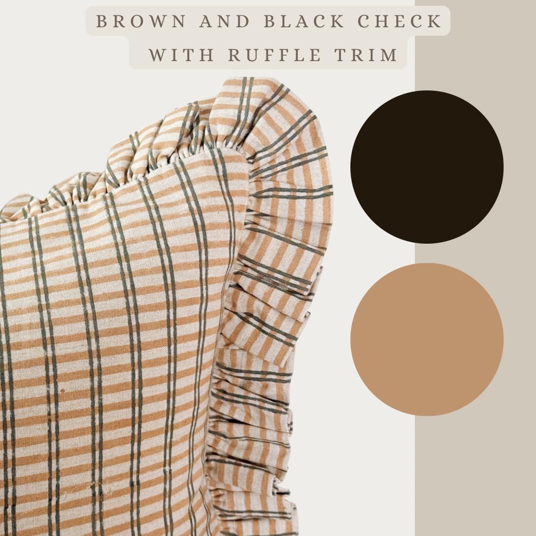 Palm & Loom 100% Cotton Linen Cushion Cover - Mitti Decorative Throw Pillow Case with Brown Check with Self Ruffle Trim - Modern Living Room, Bedroom Pillow Cover - 16x24 Inch