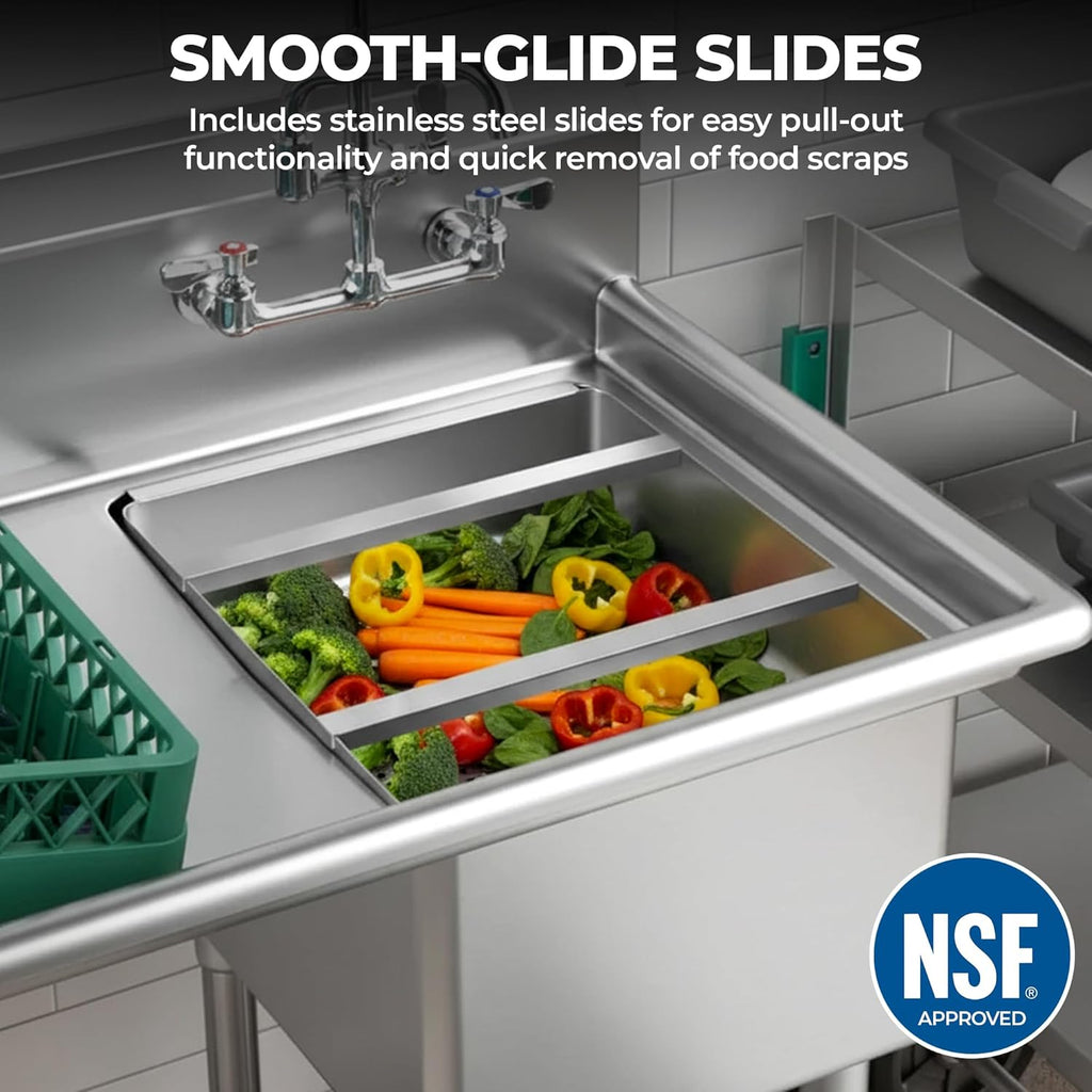 Express KitchQuip Pre-Rinse Basket with Stainless Steel Slides | Premium Quality Stainless Steel Scrap Basket for Commercial Sinks | 19 3/8" x 19 3/8" x 3.5"