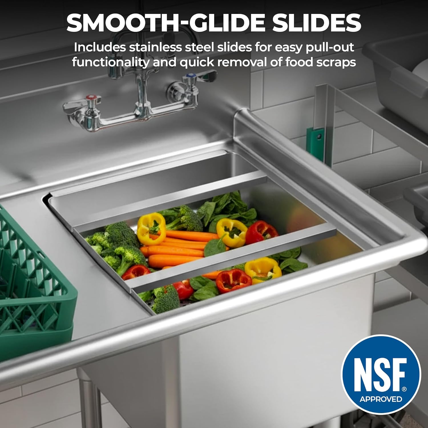 Express KitchQuip Pre-Rinse Basket with Stainless Steel Slides | Premium Quality Stainless Steel Scrap Basket for Commercial Sinks | 19 3/8" x 19 3/8" x 3.5"