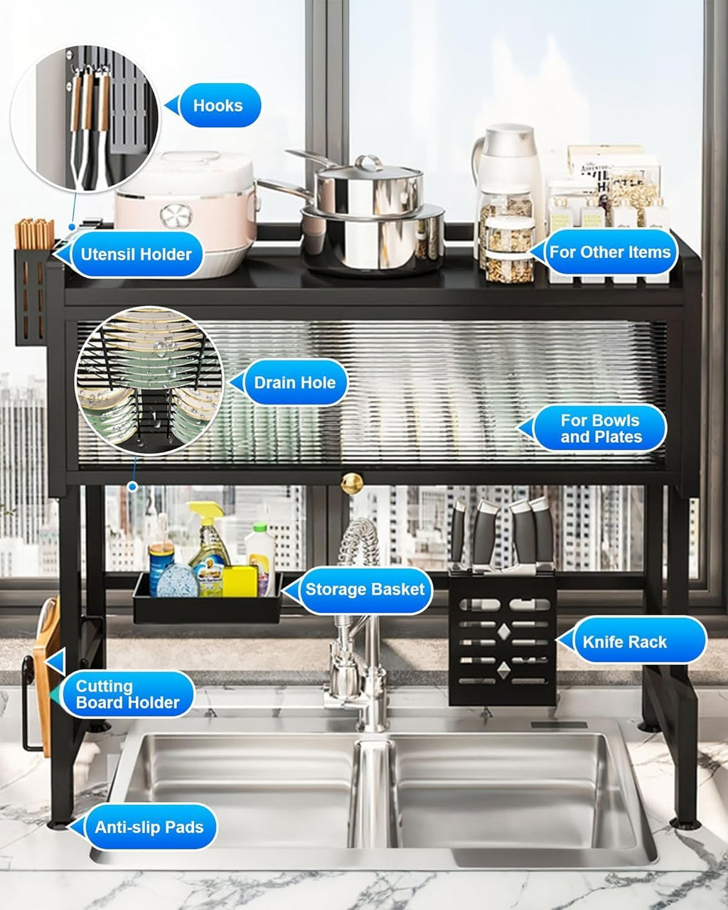 ASIEIT Dish Drying Rack, 3-Tier Over Sink Dish Drying Rack, 33.5" Over Sink Dish Rack for Small Kitchen, Space-Saving Dish Rack with Cover, Baskets, Utensil, Large Sink Storage Organizer Black