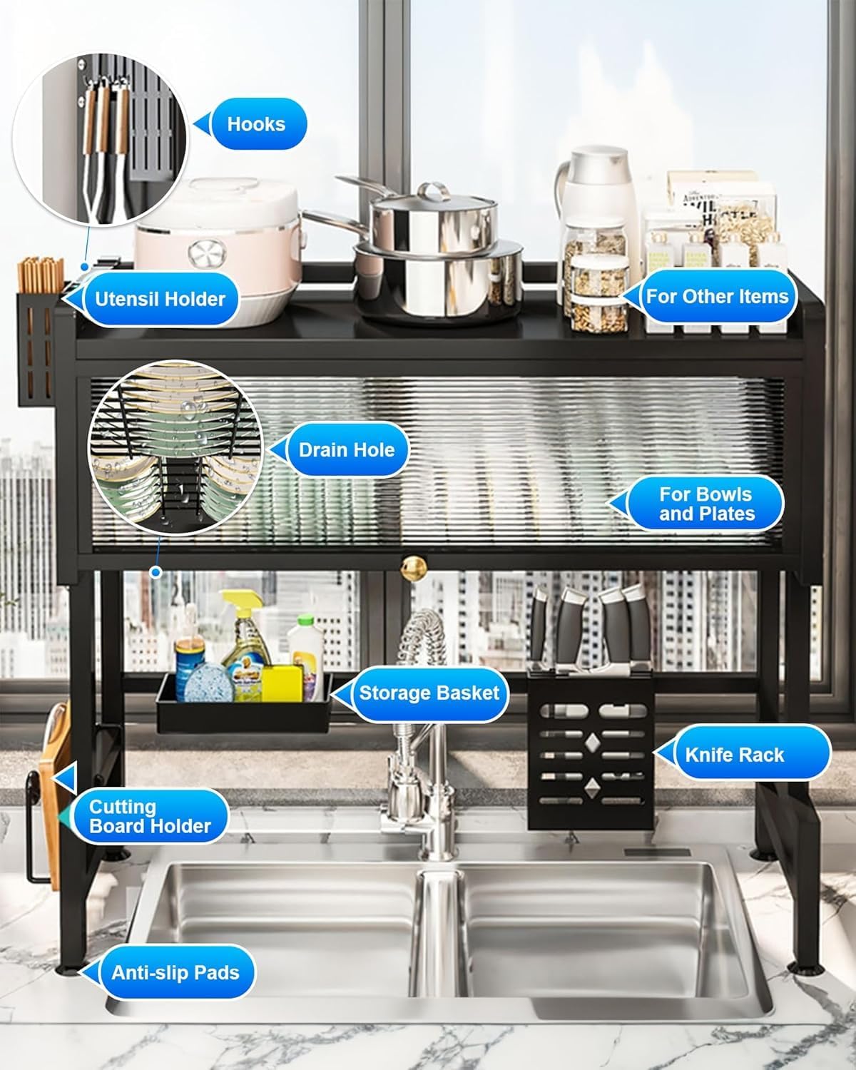 ASIEIT Dish Drying Rack, 3-Tier Over Sink Dish Drying Rack, 33.5" Over Sink Dish Rack for Small Kitchen, Space-Saving Dish Rack with Cover, Baskets, Utensil, Large Sink Storage Organizer Black