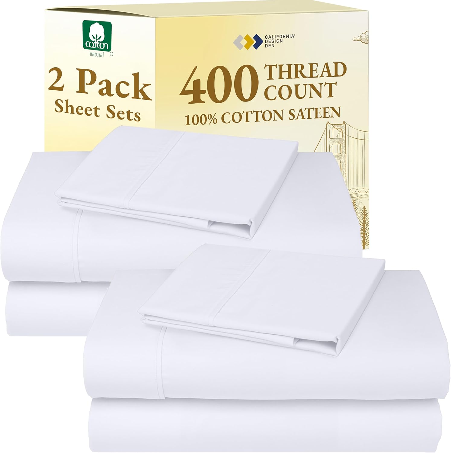 California Design Den Natural 100% Cotton Sheets Queen Size Bed Set - Soft 400 Thread Count Sateen, Queen Sheets, Deep Pockets with All Around Elastic for a Snug Fit, Durable Bedding - White
