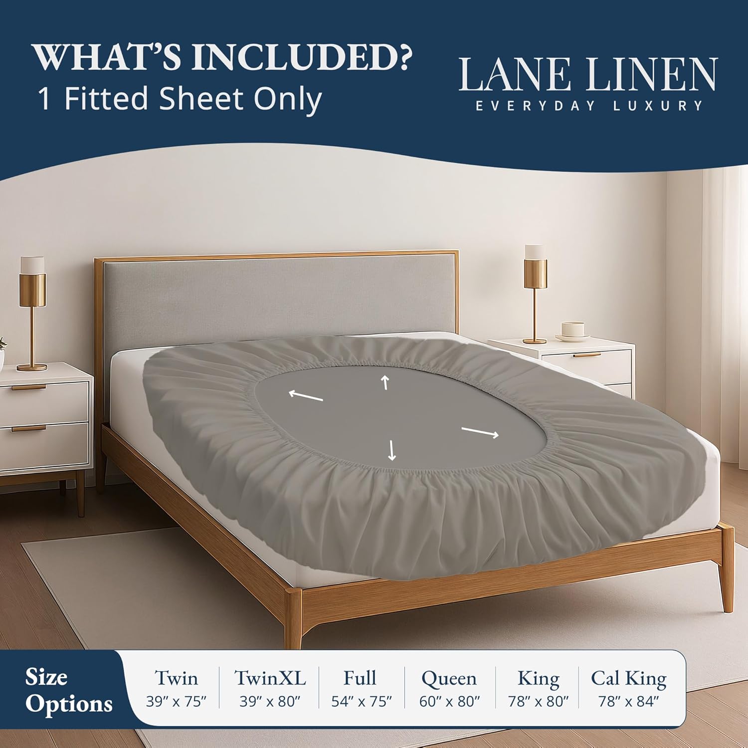 Lane Linen 100% Egyptian Cotton King Size Fitted Sheet Only (79"x81" + 16") - Elegant Sateen Weave, Ultra Soft, Breathable, Highly Durable, Deep Pockets Upto 17" - Charcoal