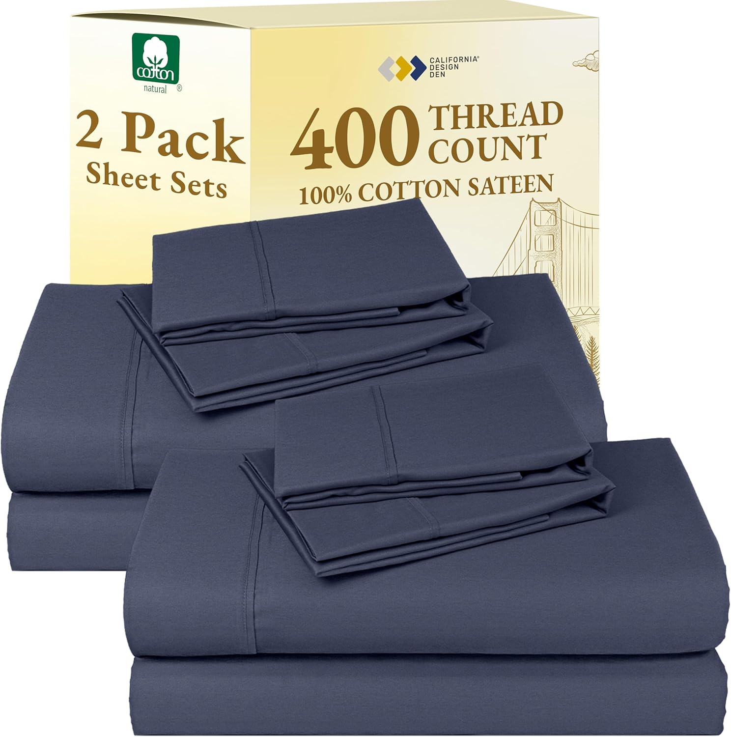 California Design Den Natural 100% Cotton Sheets Queen Size Bed Set - Soft 400 Thread Count Sateen, Queen Sheets, Deep Pockets with All Around Elastic for a Snug Fit, Durable Bedding - White