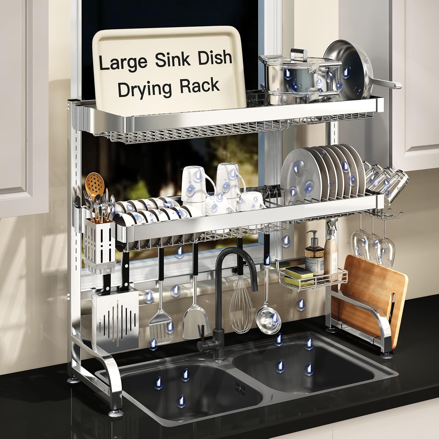 MAJALiS Over Sink Dish Drainer Drying Rack, 2 Tier Stainless Steel Dish Rack Over Sink Sink Length Adjustable (33.5-40 in), Expandable Drainer Shelf Rack with Multifunctional Organizers, Sliver