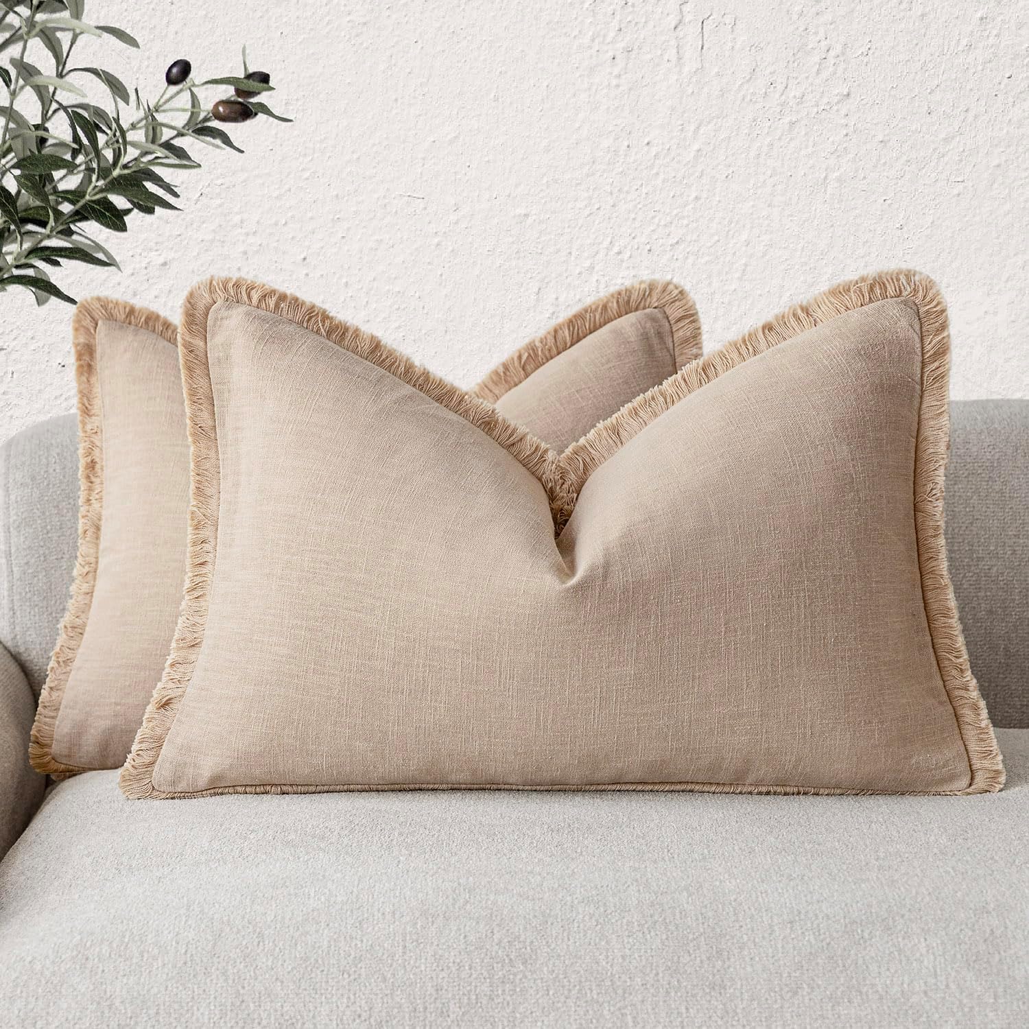 Foindtower Set of 2 Decorative Linen Fringe Throw Pillow Covers Cozy Boho Farmhouse Cushion Cover with Tassels Soft Accent Pillowcase for Couch Sofa Bed Living Room Home Decor, 26×26 Inch, Light Brown