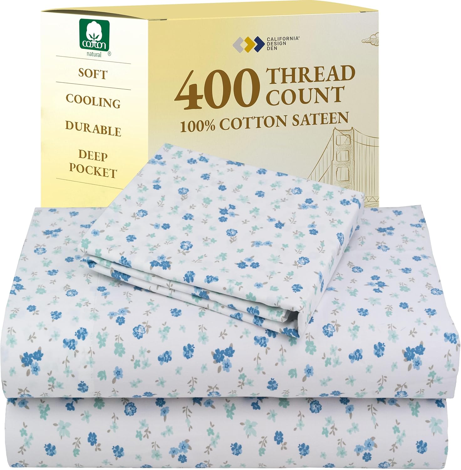 California Design Den Natural 100% Cotton Sheets Queen Size Bed Set - Soft 400 Thread Count Sateen, Queen Sheets, Deep Pockets with All Around Elastic for a Snug Fit, Durable Bedding - White