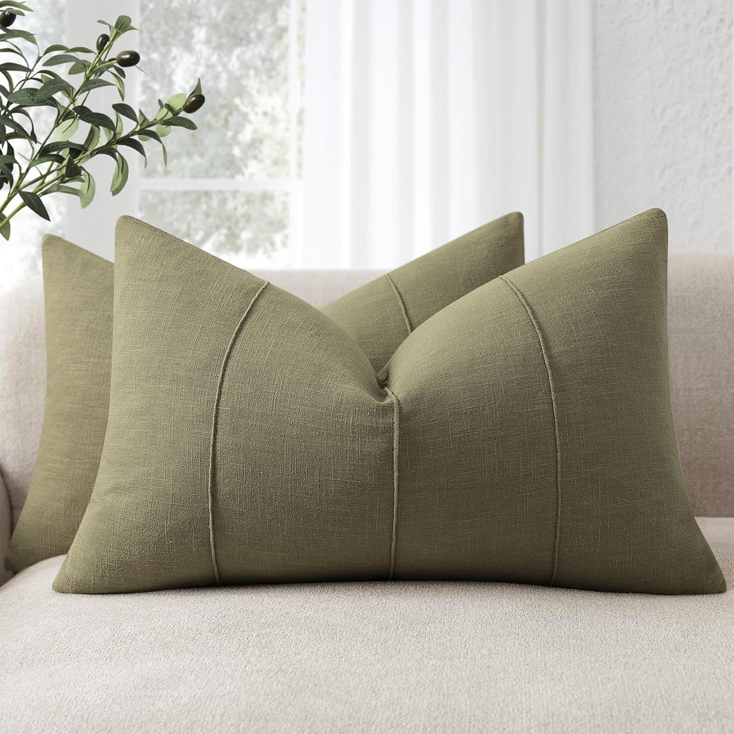 ZWJD Decorative Linen Throw Pillow Covers 26x26 Set of 2 Solid Handcrafted Striped Cushion Covers for Bed Soft Modern Farmhouse Neutral Pillowcase for Couch Bedroom Living Room Home Decor(Rust)