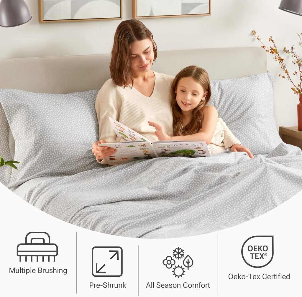 True North by Sleep Philosophy Flannel Sheets Queen Size, Cozy 100% Cotton Flannel Bed Sheets, Ultra Soft Cute Sheet Set, Novelty Print Themed Cold Weather Warm Bedding Set, Grey Dots 4 Piece