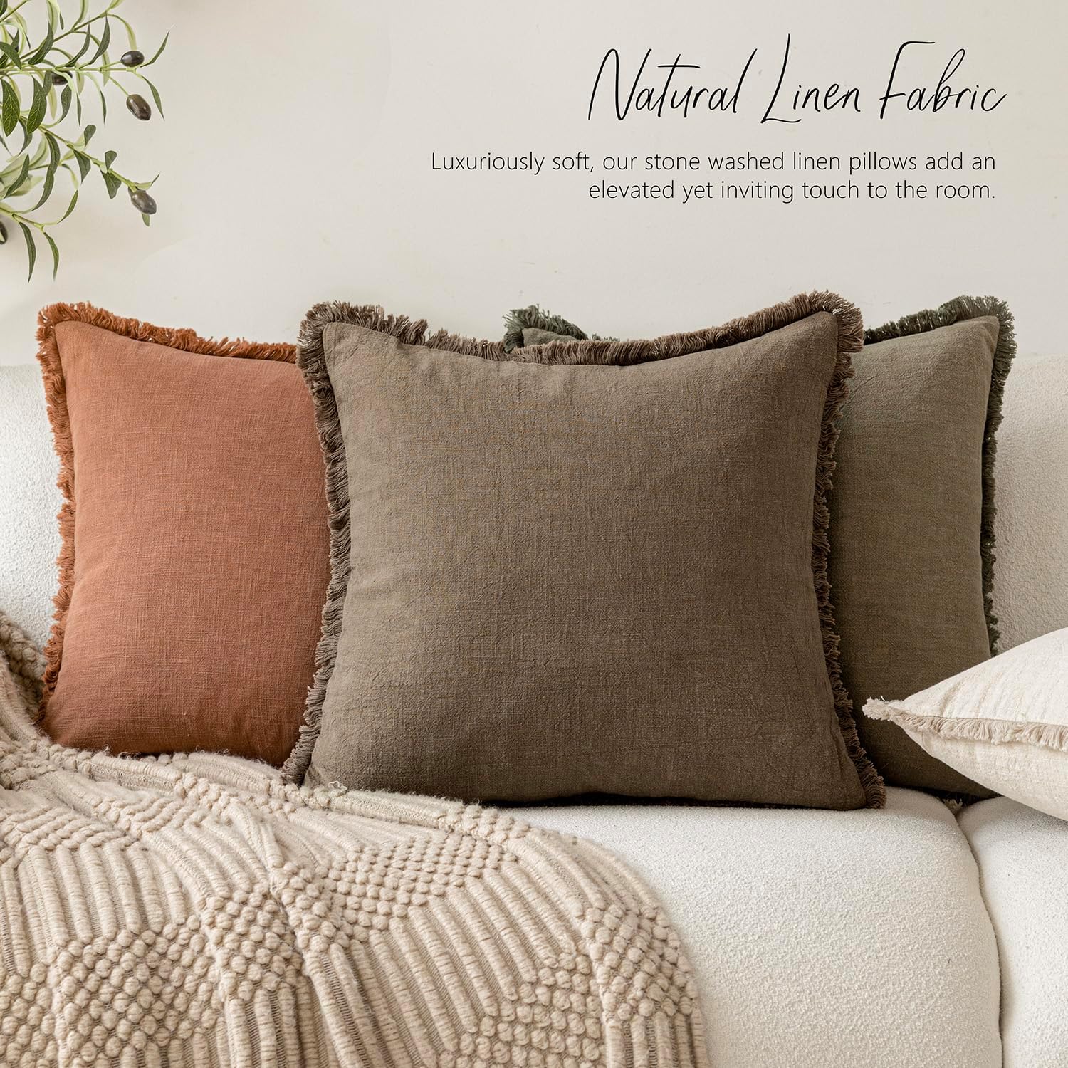 Foindtower Set of 2 Decorative Linen Fringe Throw Pillow Covers Cozy Boho Farmhouse Cushion Cover with Tassels Soft Accent Pillowcase for Couch Sofa Bed Living Room Home Decor, 26×26 Inch, Light Brown