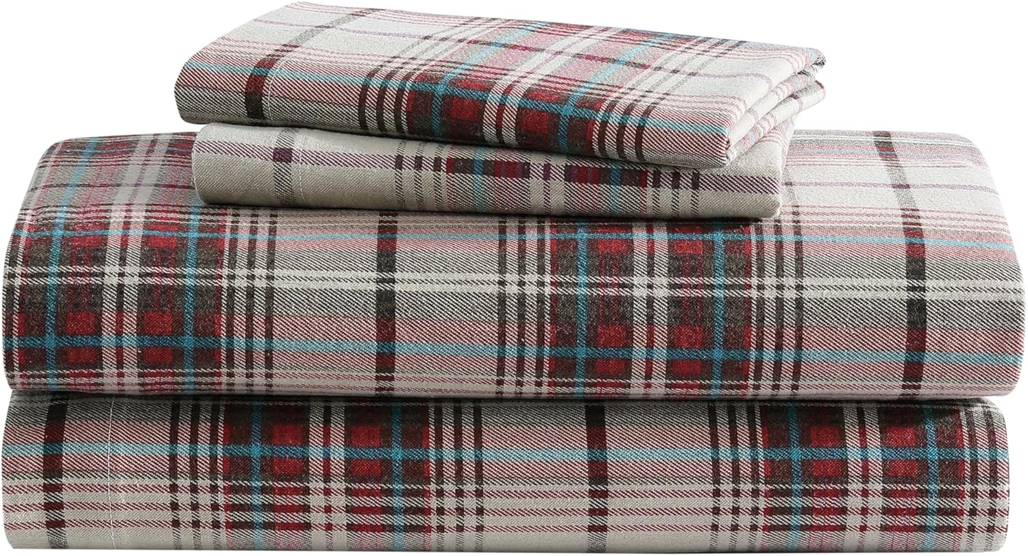 Eddie Bauer - Flannel Sheets Queen Size, Anti-Pilling & Wrinkle Resistant Cotton, Touchably Soft for All-Season Comfort - Bed Sheets with Matching Pillowcases & Fitted Sheet (Edgewood Plaid Green)