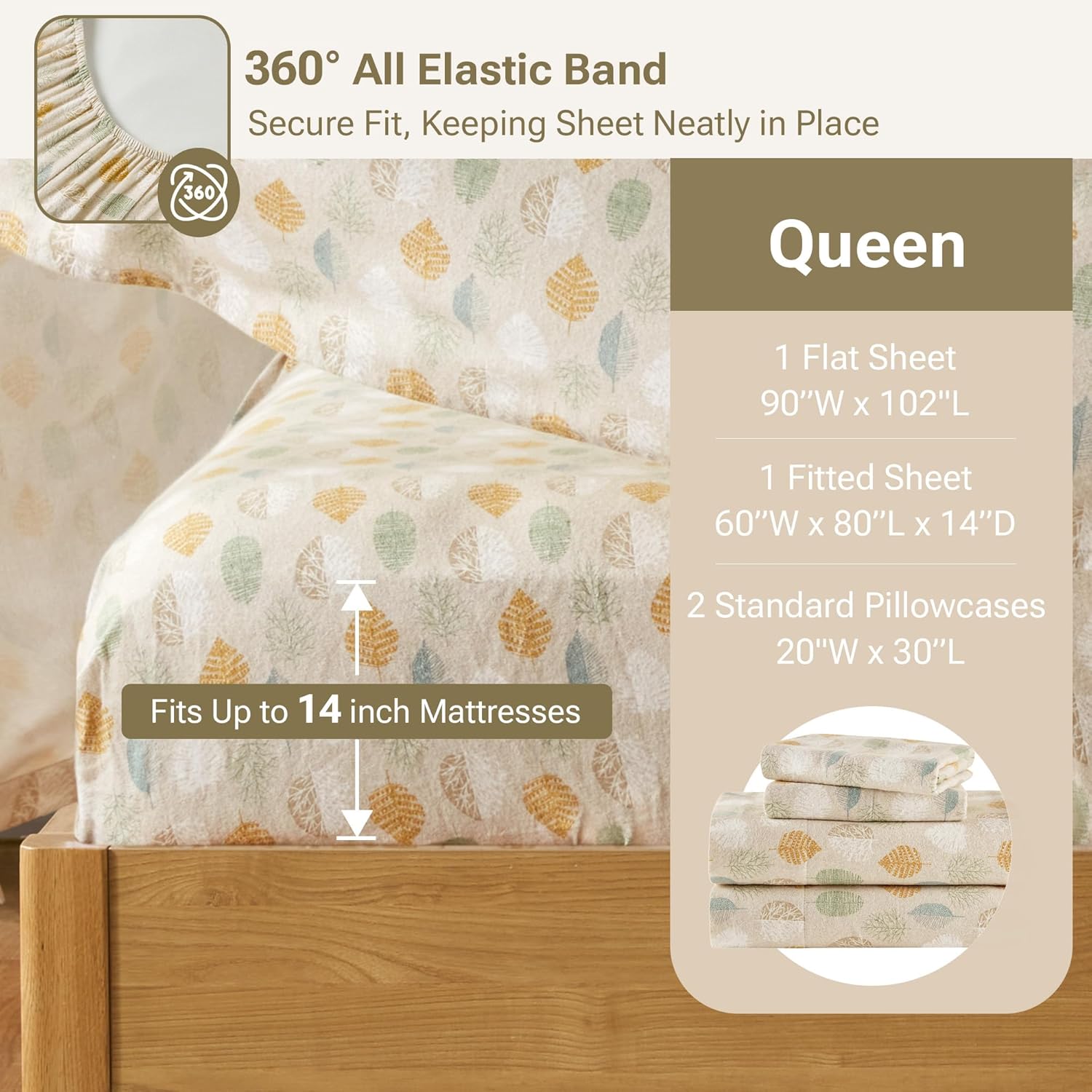 True North by Sleep Philosophy Flannel Sheets Queen Size, Cozy 100% Cotton Flannel Bed Sheets, Ultra Soft Cute Sheet Set, Novelty Print Themed Cold Weather Warm Bedding Set,Multi Leaves 4 Piece