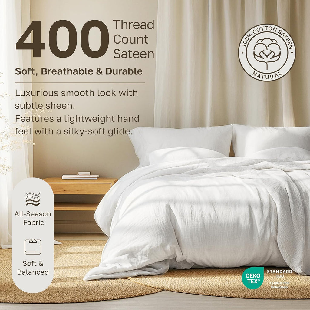 California Design Den Natural 100% Cotton Sheets Queen Size Bed Set - Soft 400 Thread Count Sateen, Queen Sheets, Deep Pockets with All Around Elastic for a Snug Fit, Durable Bedding - White
