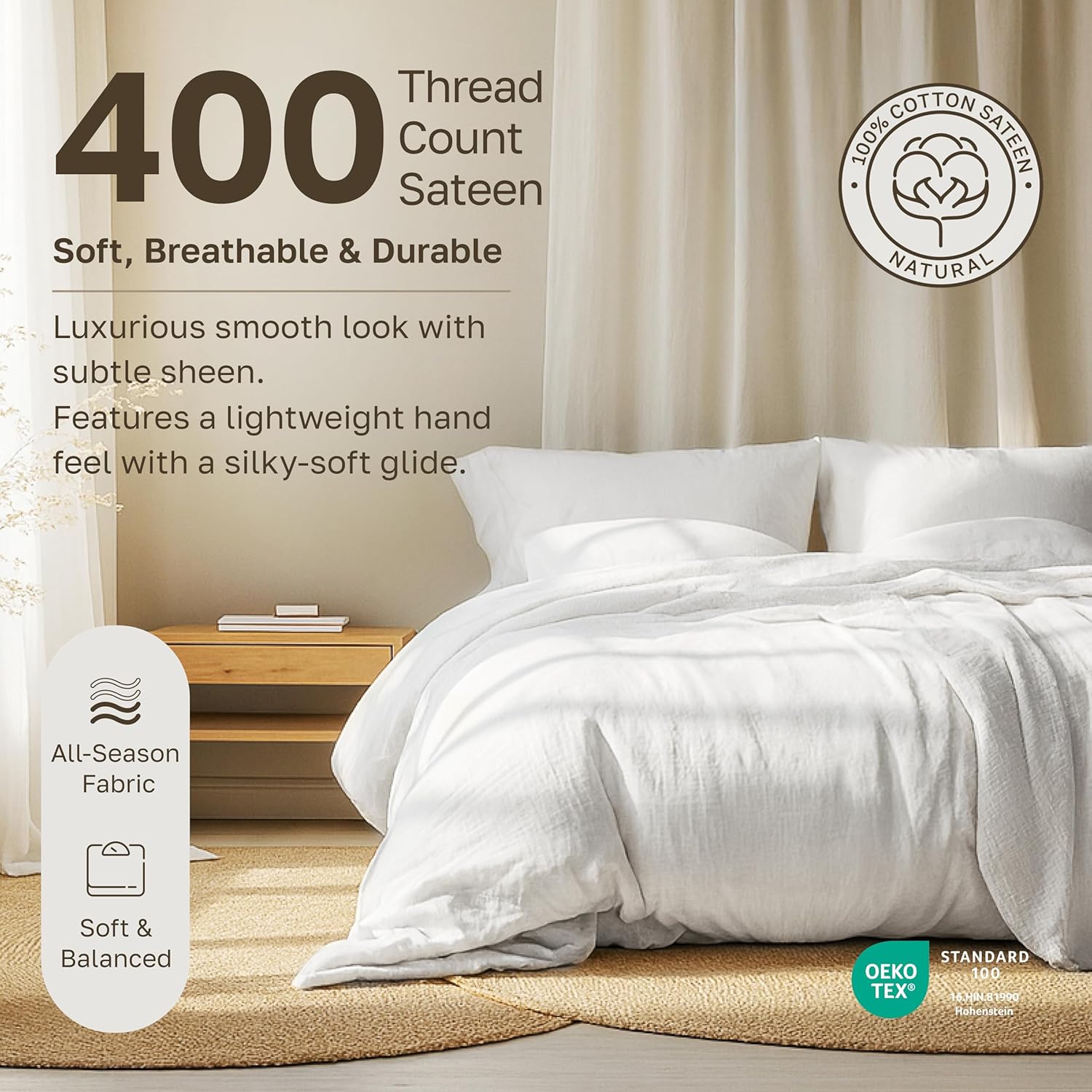 California Design Den Natural 100% Cotton Sheets Queen Size Bed Set - Soft 400 Thread Count Sateen, Queen Sheets, Deep Pockets with All Around Elastic for a Snug Fit, Durable Bedding - White