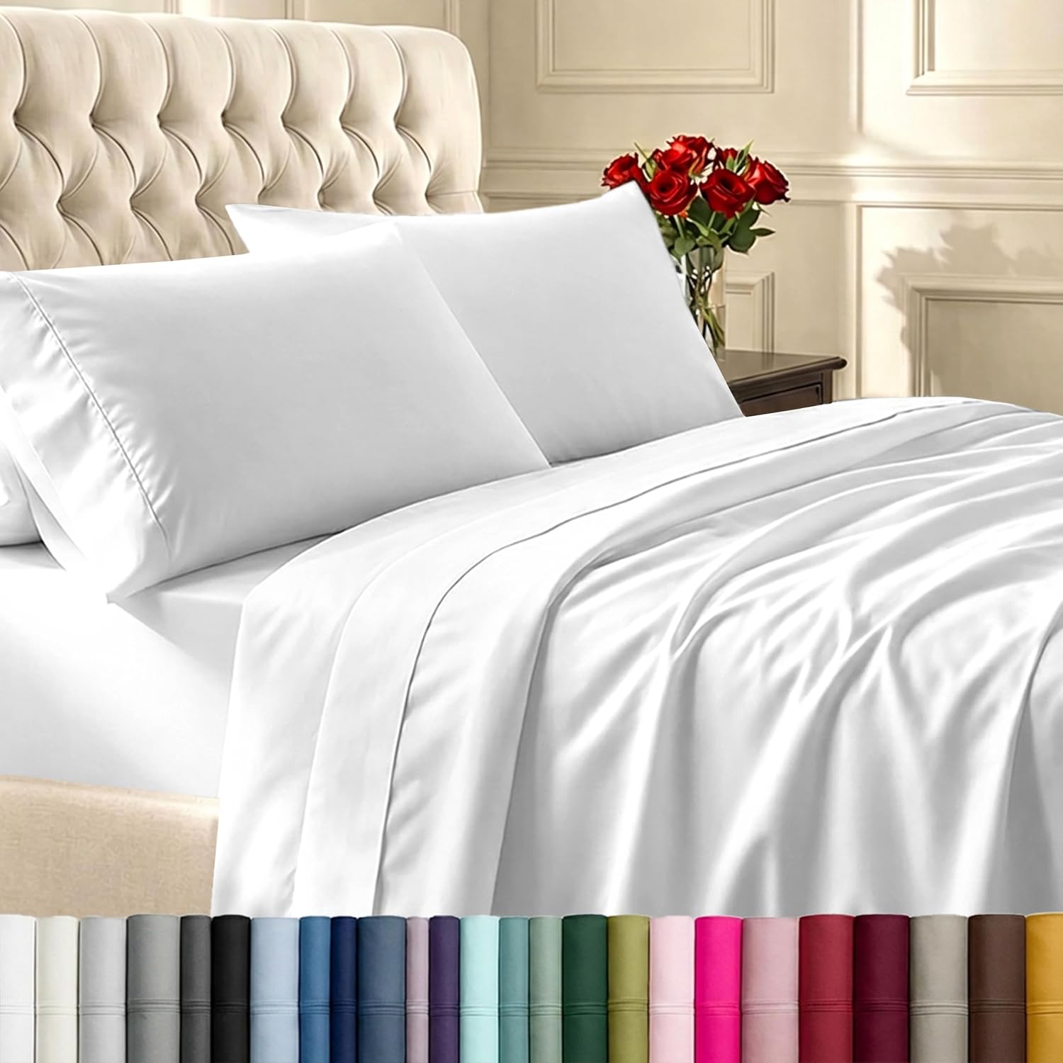 California Design Den Natural 100% Cotton Sheets Queen Size Bed Set - Soft 400 Thread Count Sateen, Queen Sheets, Deep Pockets with All Around Elastic for a Snug Fit, Durable Bedding - White