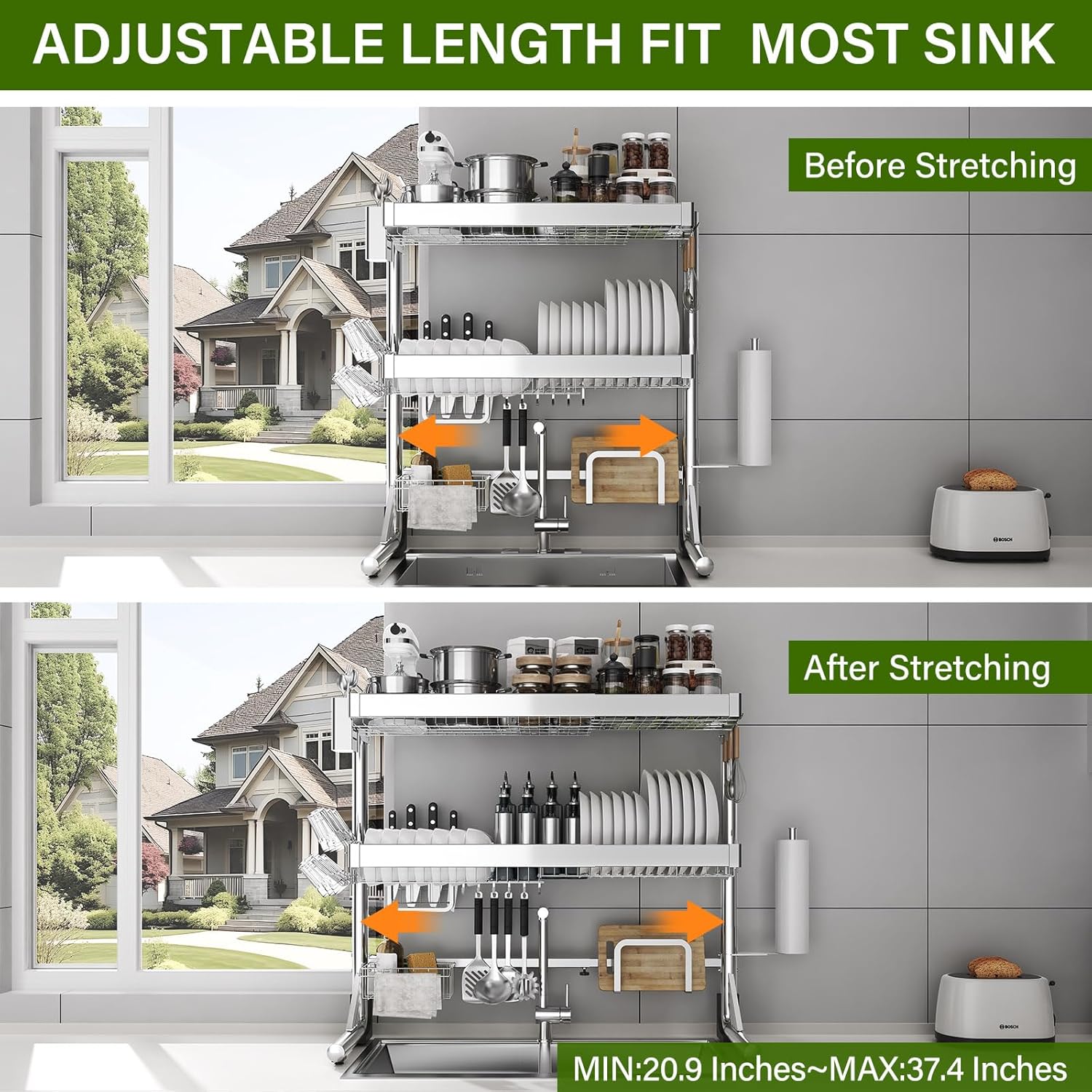 CUISIBOT Over The Sink Dish Drainer Drying Rack 3 Tier, Full Stainless Steel Dish Drying Rack Adjustable Length 20.9''-37.4'', Kitchen Sink Shelf, Organized Space-Saving Dish Rack