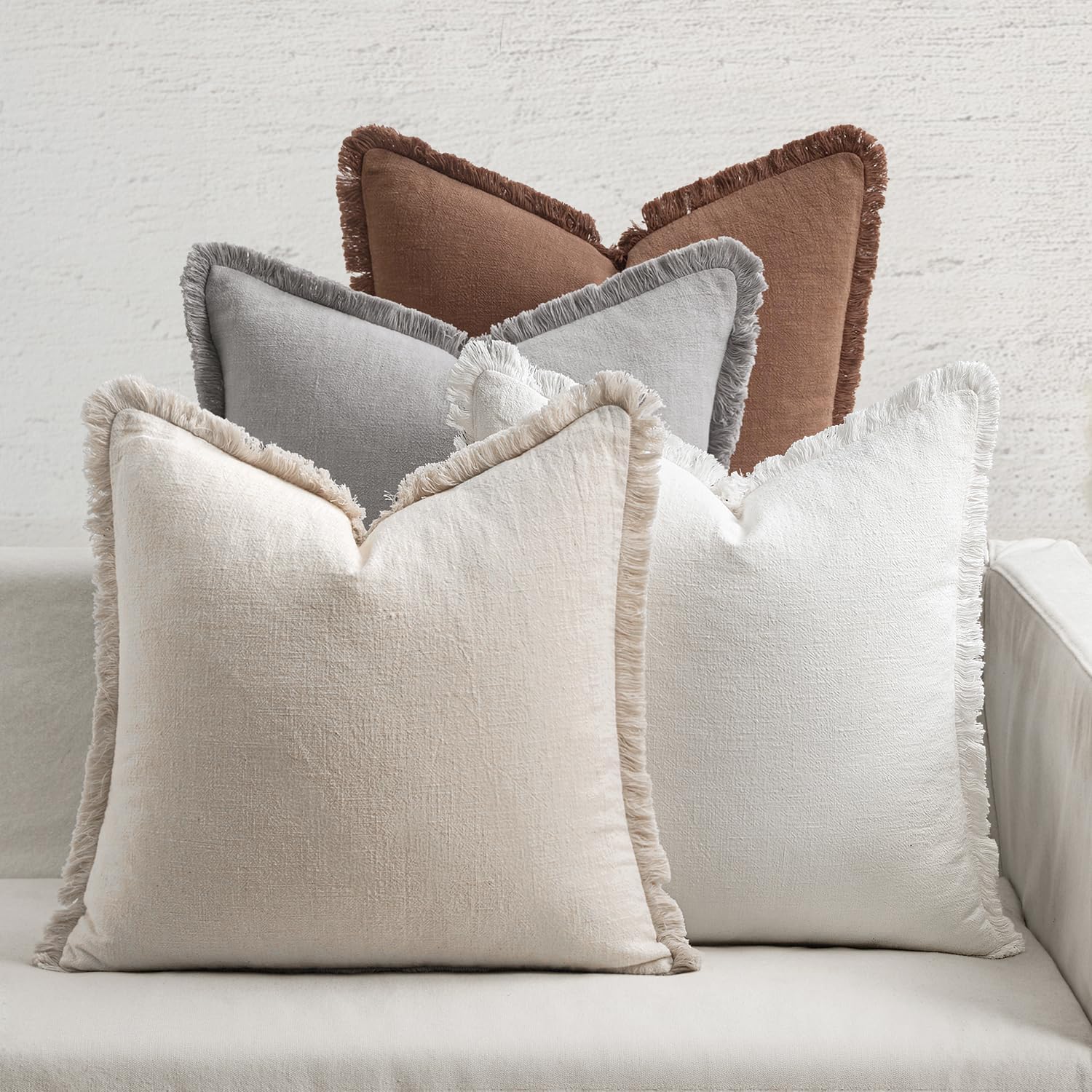 MIULEE Decorative Couch Pillow Covers Neutral Linen Fringe Throw Pillows Set of 4 Boho Farmhouse Soft Accent Cushions for Bed Sofa Living Room Spring Home Decor 24x24 Inch Beige/Sage Green