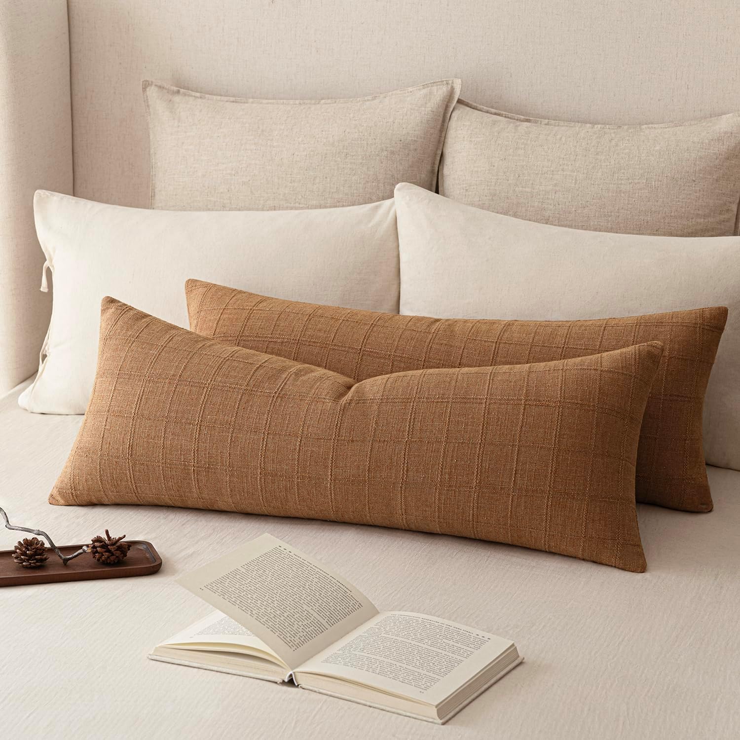 Foindtower Set of 2 Decorative Linen Check Throw Pillow Covers Neutral Farmhouse Vintage Cushion Covers Modern Boho Home Decor for Sofa Chair Couch Bedroom Living Room,26×26 Inch,Olive Green