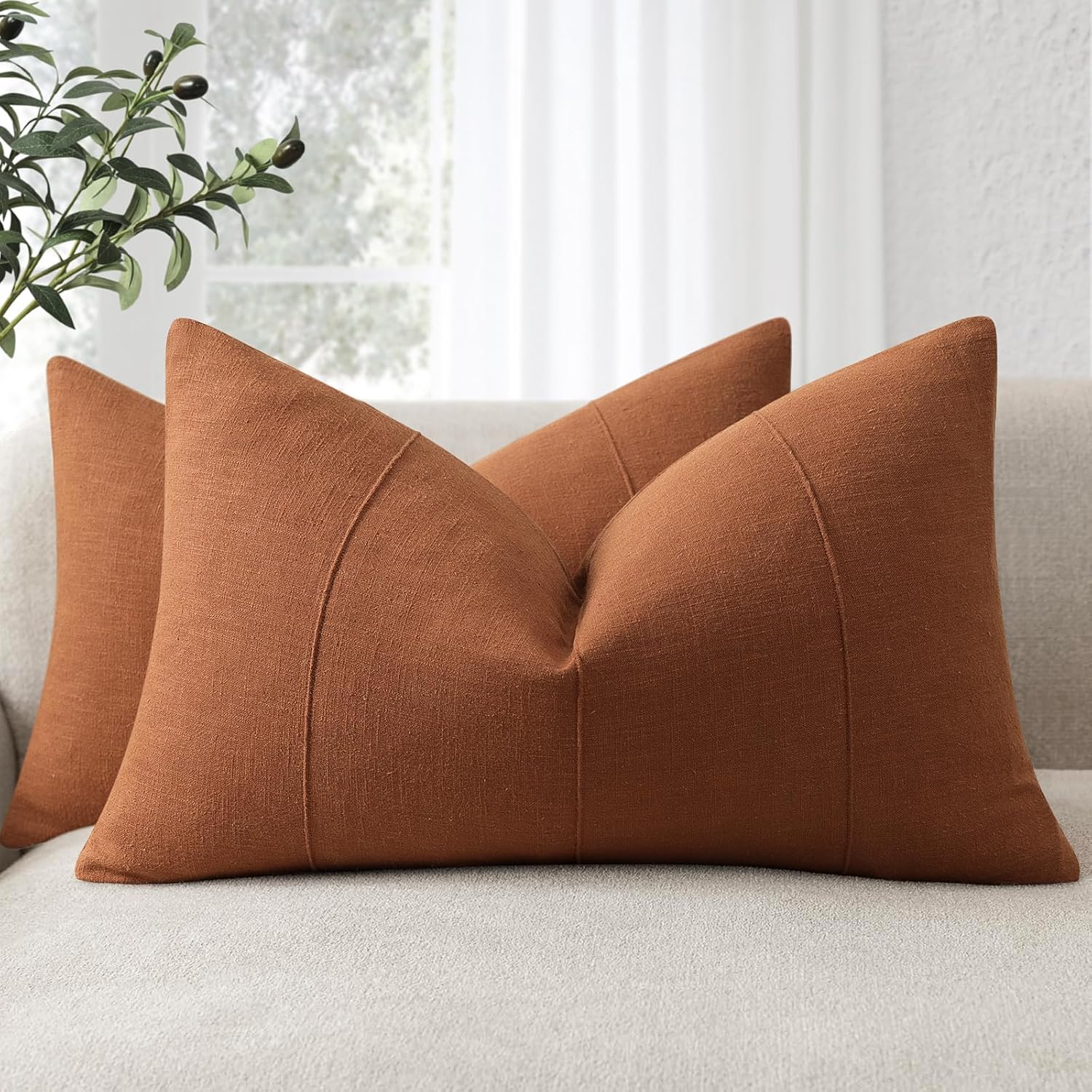 ZWJD Decorative Linen Throw Pillow Covers 26x26 Set of 2 Solid Handcrafted Striped Cushion Covers for Bed Soft Modern Farmhouse Neutral Pillowcase for Couch Bedroom Living Room Home Decor(Rust)