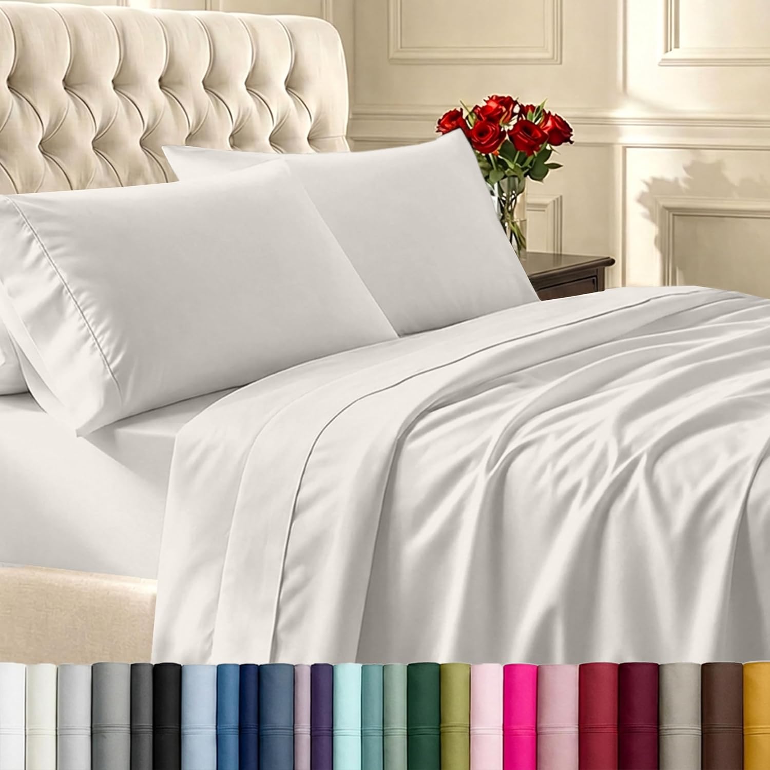 California Design Den Natural 100% Cotton Sheets Queen Size Bed Set - Soft 400 Thread Count Sateen, Queen Sheets, Deep Pockets with All Around Elastic for a Snug Fit, Durable Bedding - White