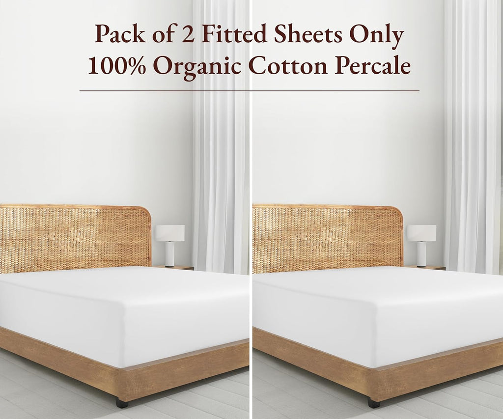 California Design Den 2-Pack 100% Organic Cotton Fitted Sheets Queen Size Percale Only, Soft, Crisp & Lightweight, Snug-Fit, 2X Queen Deep Pocket Fitted Sheet Only - White