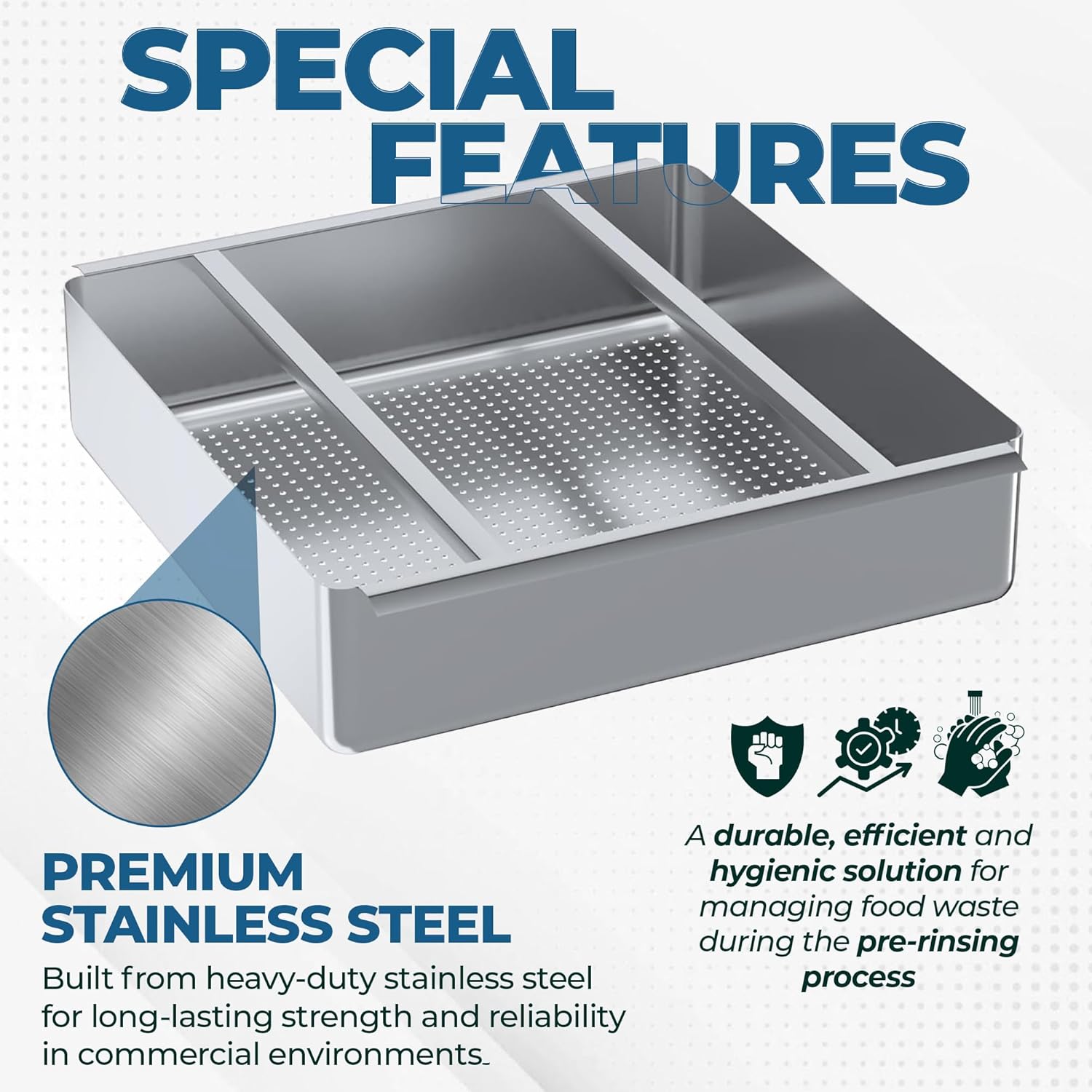 Express KitchQuip Pre-Rinse Basket with Stainless Steel Slides | Premium Quality Stainless Steel Scrap Basket for Commercial Sinks | 19 3/8" x 19 3/8" x 3.5"