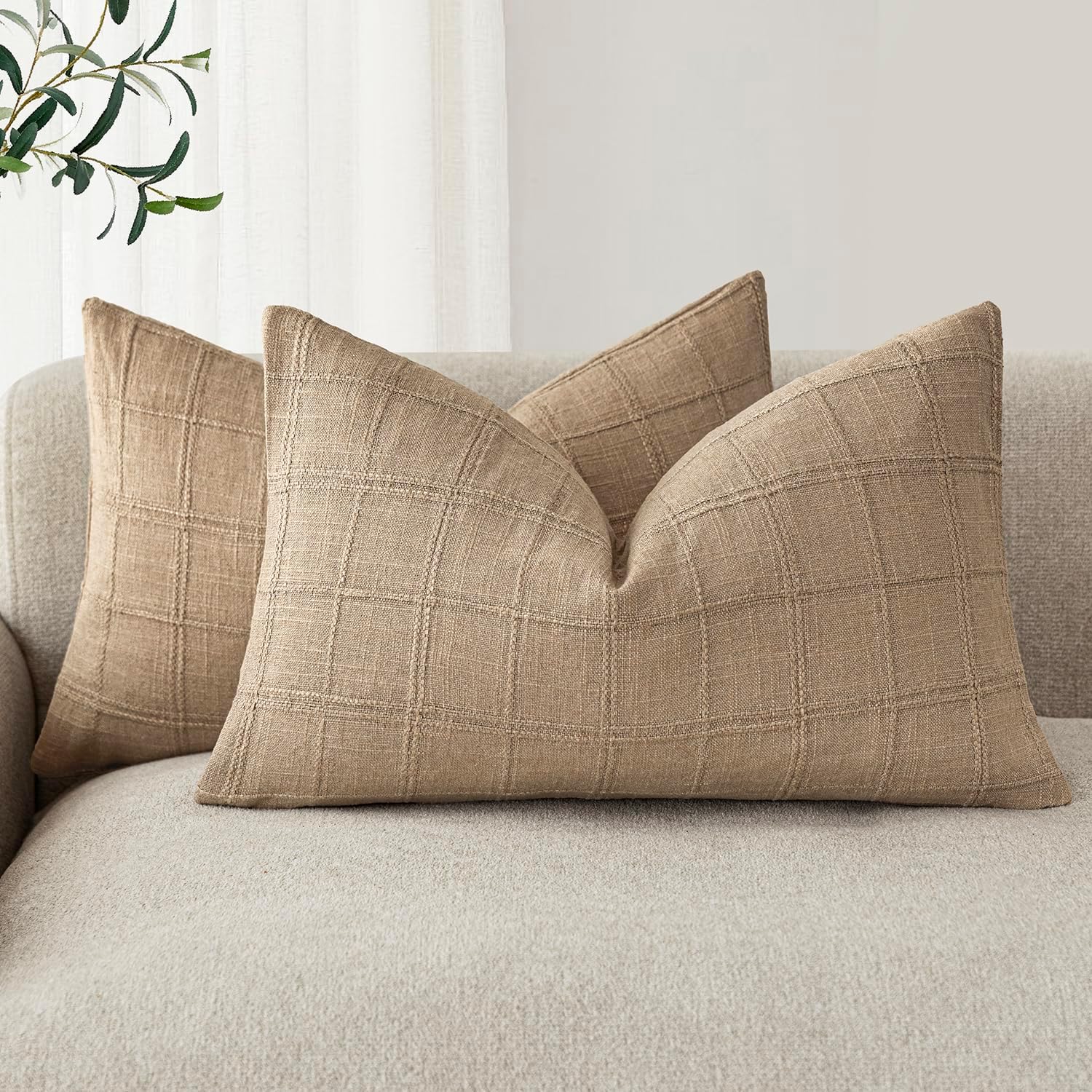 Foindtower Set of 2 Decorative Linen Check Throw Pillow Covers Neutral Farmhouse Vintage Cushion Covers Modern Boho Home Decor for Sofa Chair Couch Bedroom Living Room,26×26 Inch,Olive Green