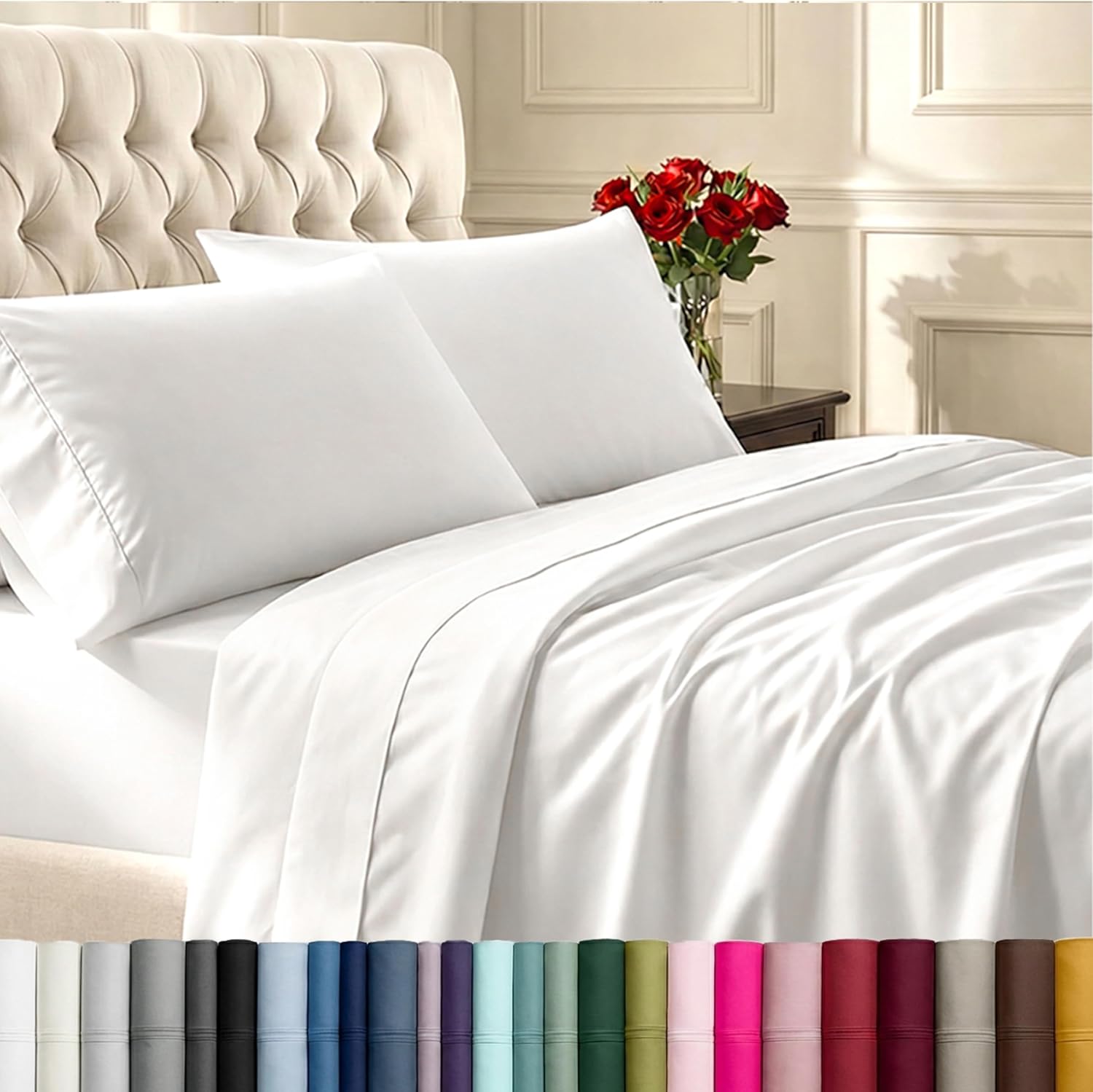 California Design Den Natural 100% Cotton Sheets Queen Size Bed Set - Soft 400 Thread Count Sateen, Queen Sheets, Deep Pockets with All Around Elastic for a Snug Fit, Durable Bedding - White