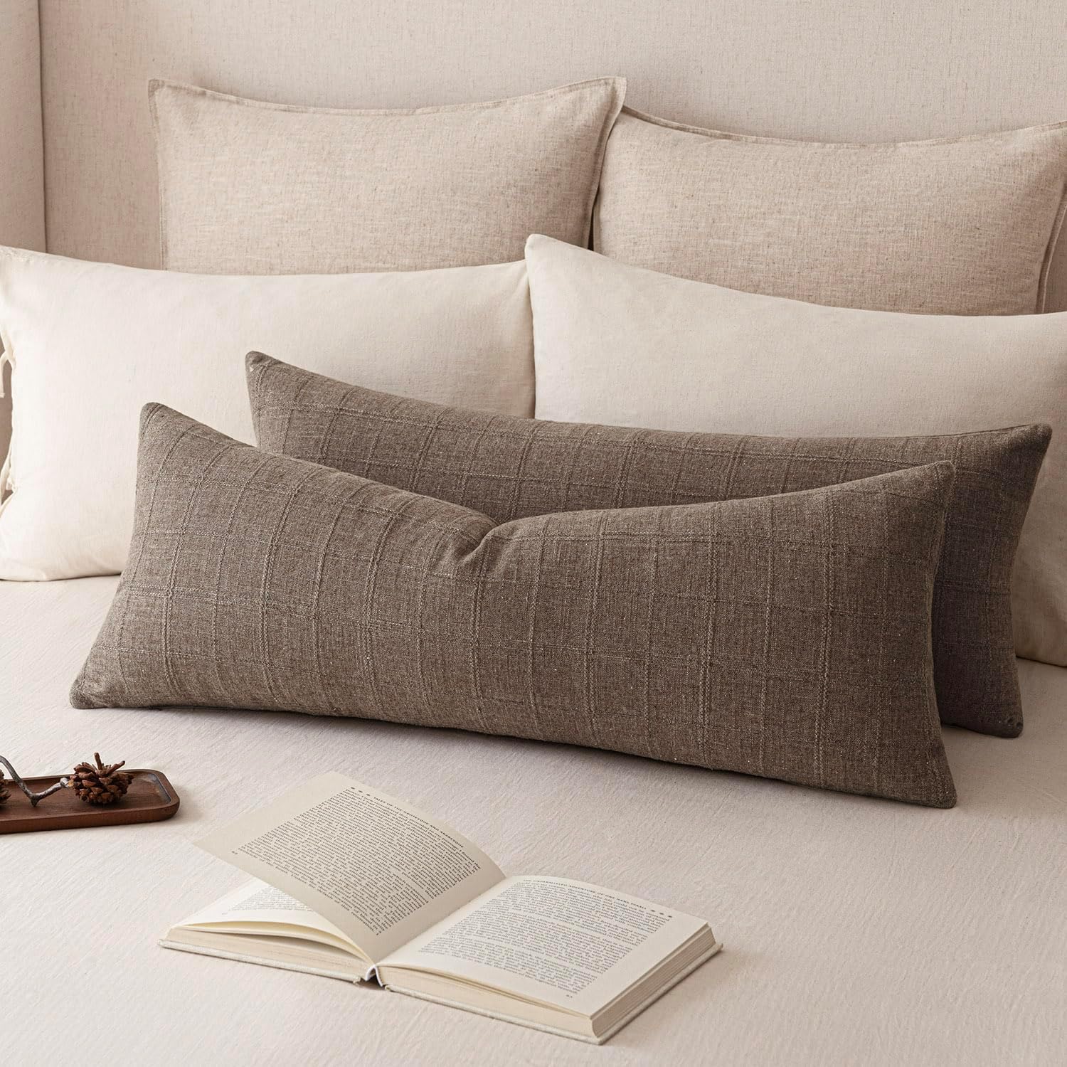 Foindtower Set of 2 Decorative Linen Check Throw Pillow Covers Neutral Farmhouse Vintage Cushion Covers Modern Boho Home Decor for Sofa Chair Couch Bedroom Living Room,26×26 Inch,Olive Green