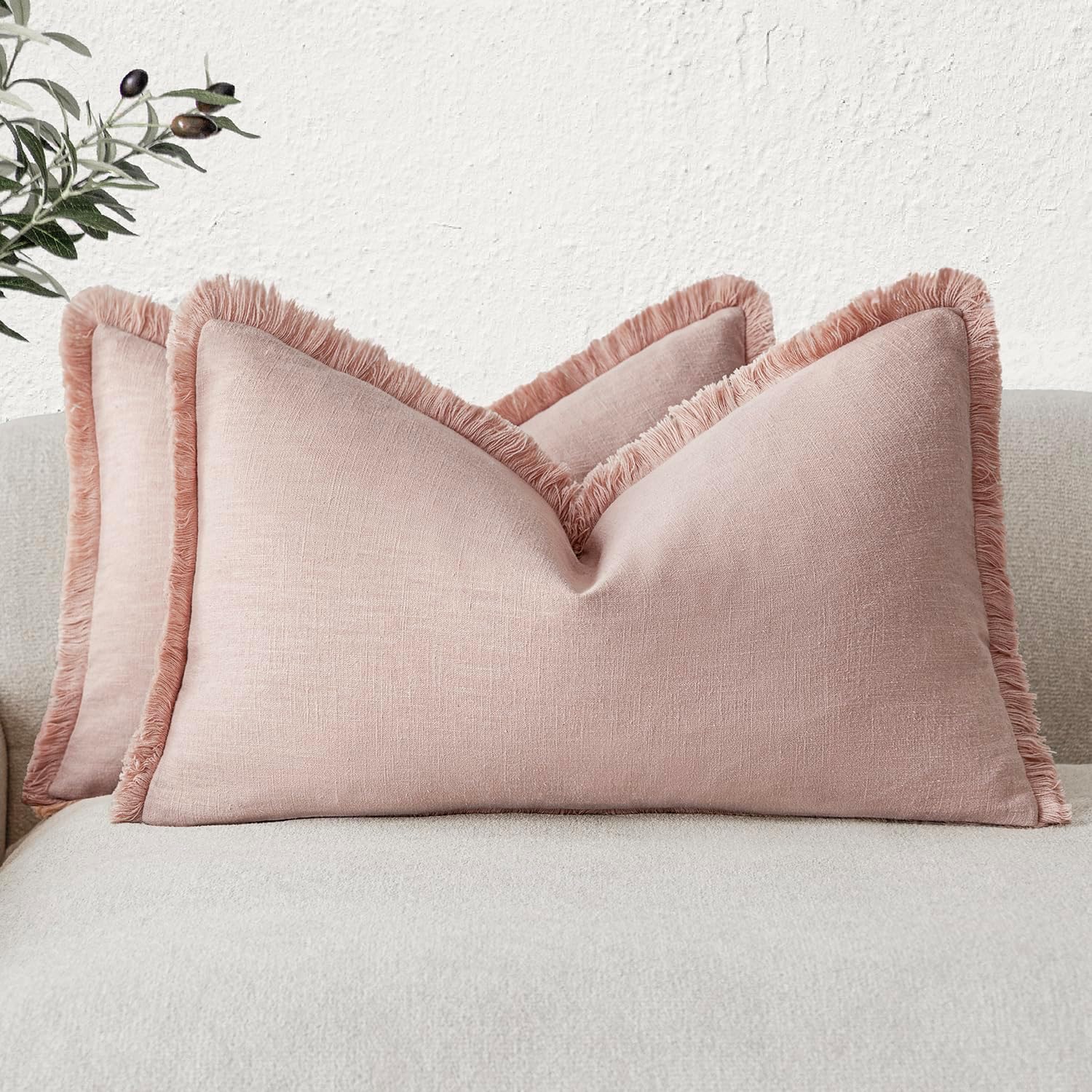 Foindtower Set of 2 Decorative Linen Fringe Throw Pillow Covers Cozy Boho Farmhouse Cushion Cover with Tassels Soft Accent Pillowcase for Couch Sofa Bed Living Room Home Decor, 26×26 Inch, Light Brown