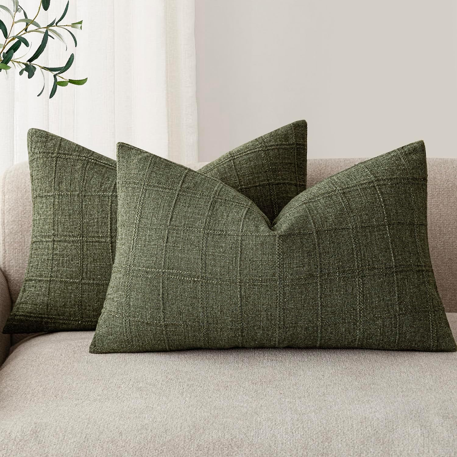 Foindtower Set of 2 Decorative Linen Check Throw Pillow Covers Neutral Farmhouse Vintage Cushion Covers Modern Boho Home Decor for Sofa Chair Couch Bedroom Living Room,26×26 Inch,Olive Green