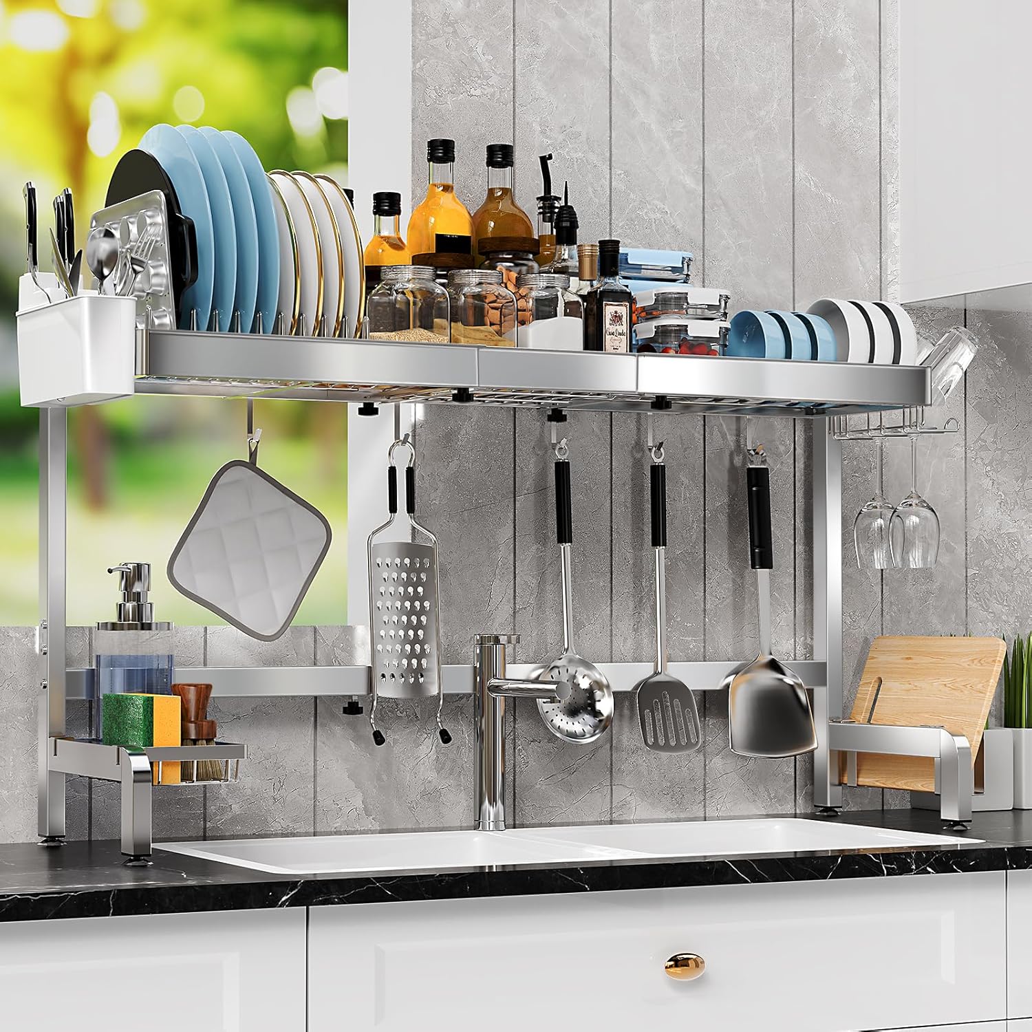 3 Tier Extra Large Over The Sink Dish Drying Rack, Expandable Stainless Steel Dish Drainer with Multifunctional Organizer, Space-Saving Above Sink Dish Rack with Large Capacity for Kitchen Counter