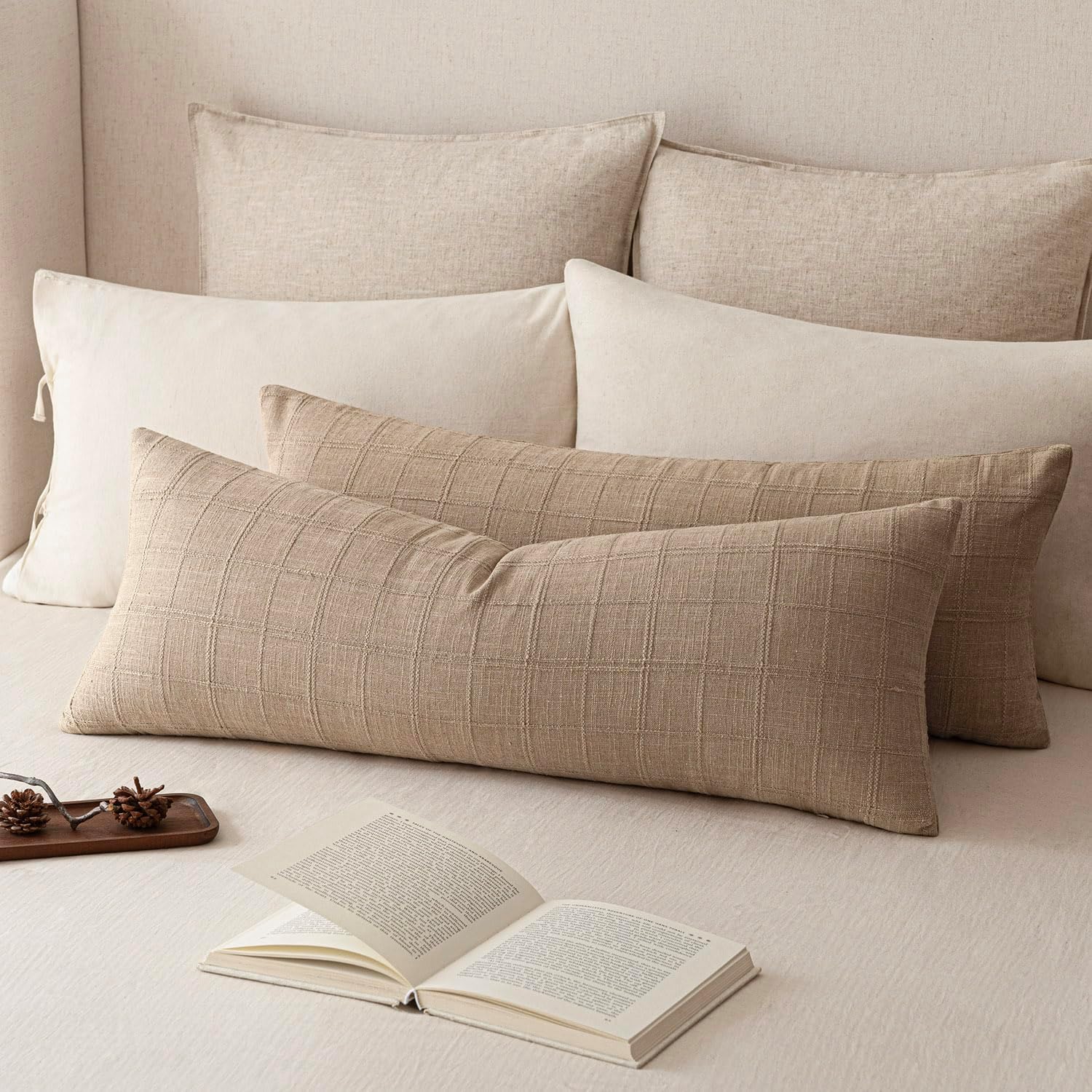 Foindtower Set of 2 Decorative Linen Check Throw Pillow Covers Neutral Farmhouse Vintage Cushion Covers Modern Boho Home Decor for Sofa Chair Couch Bedroom Living Room,26×26 Inch,Olive Green