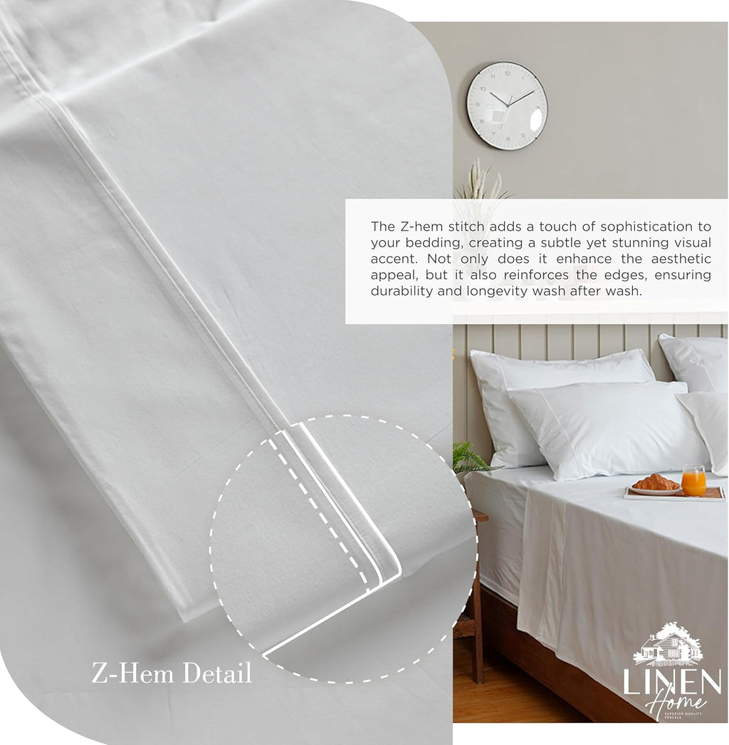 Linen Home 100% Cotton Percale Sheets King Size, White, Deep Pocket, 4 Pieces Set - 1 Flat, 1 Deep Pocket Fitted Sheet and 2 Pillowcases, Crisp Cool and Strong Bed Linen