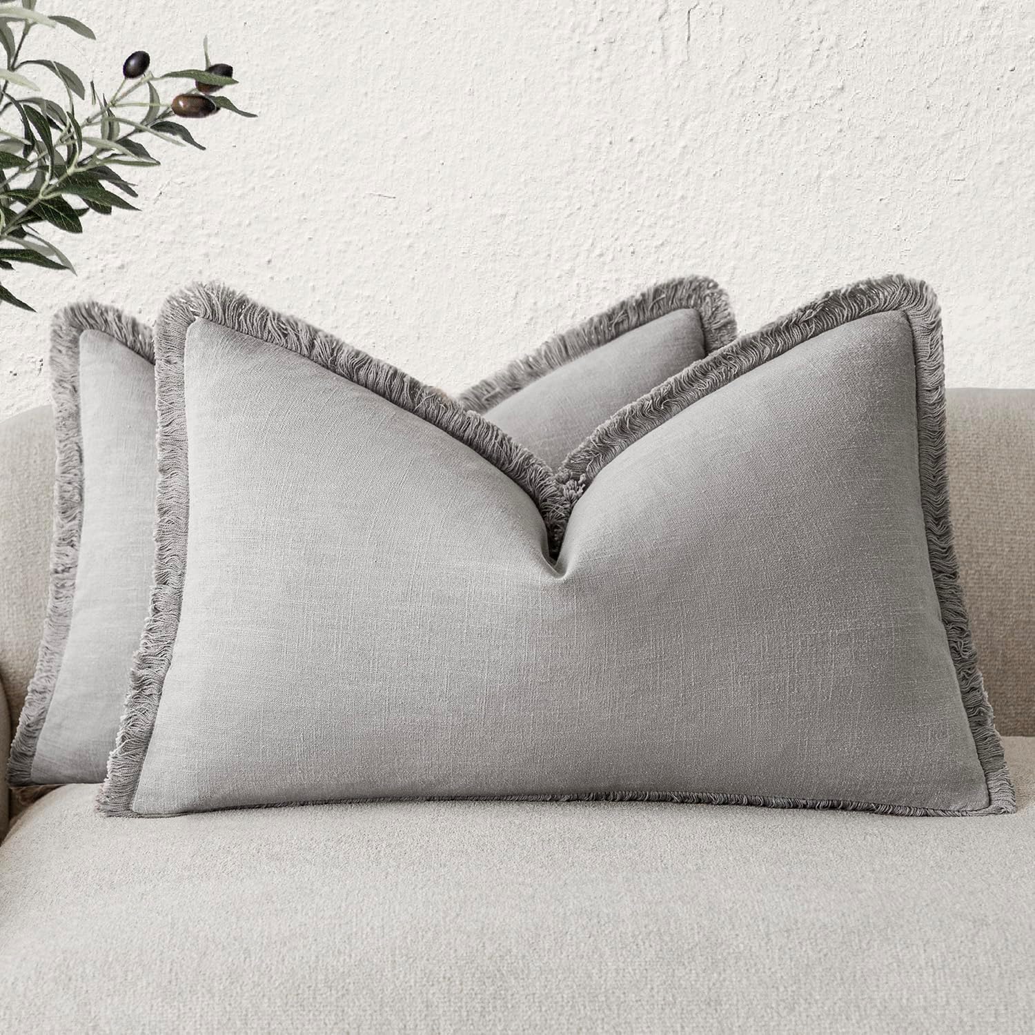 Foindtower Set of 2 Decorative Linen Fringe Throw Pillow Covers Cozy Boho Farmhouse Cushion Cover with Tassels Soft Accent Pillowcase for Couch Sofa Bed Living Room Home Decor, 26×26 Inch, Light Brown