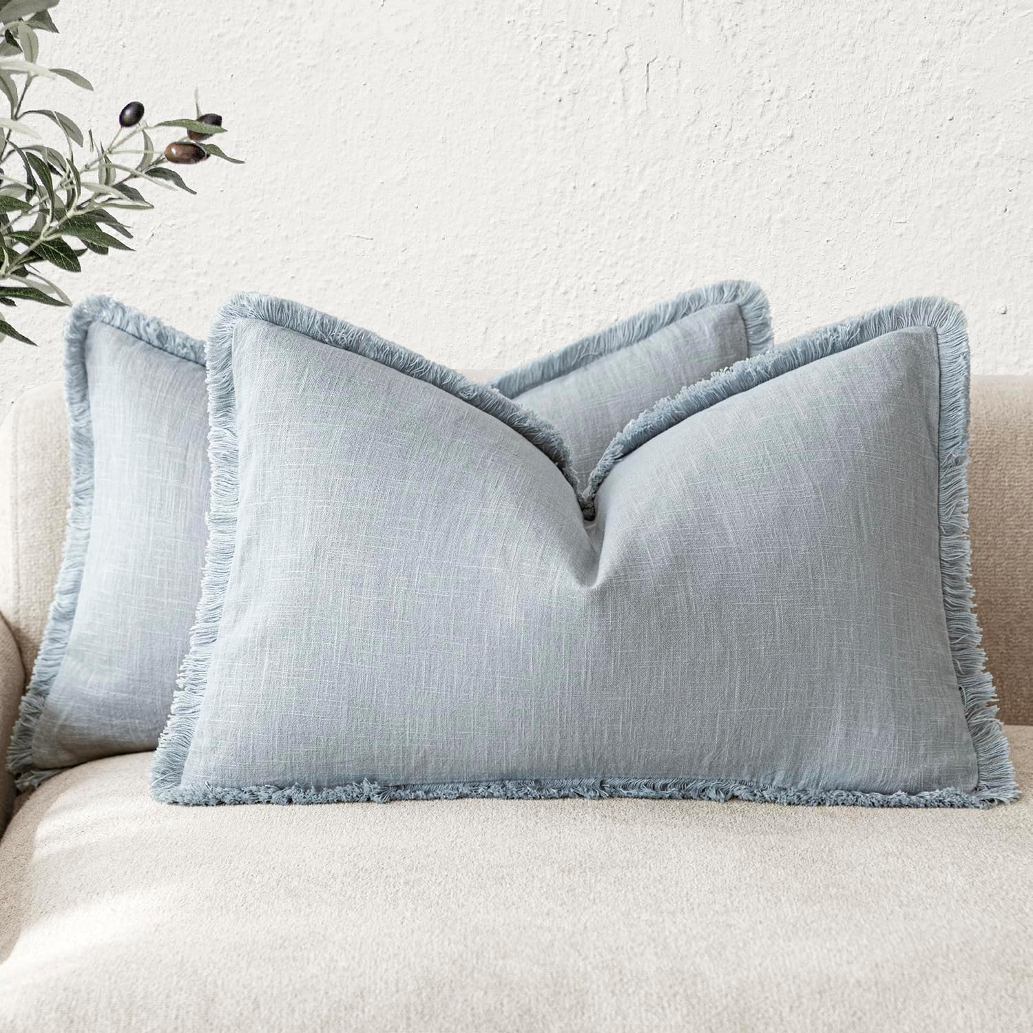 Foindtower Set of 2 Decorative Linen Fringe Throw Pillow Covers Cozy Boho Farmhouse Cushion Cover with Tassels Soft Accent Pillowcase for Couch Sofa Bed Living Room Home Decor, 26×26 Inch, Light Brown