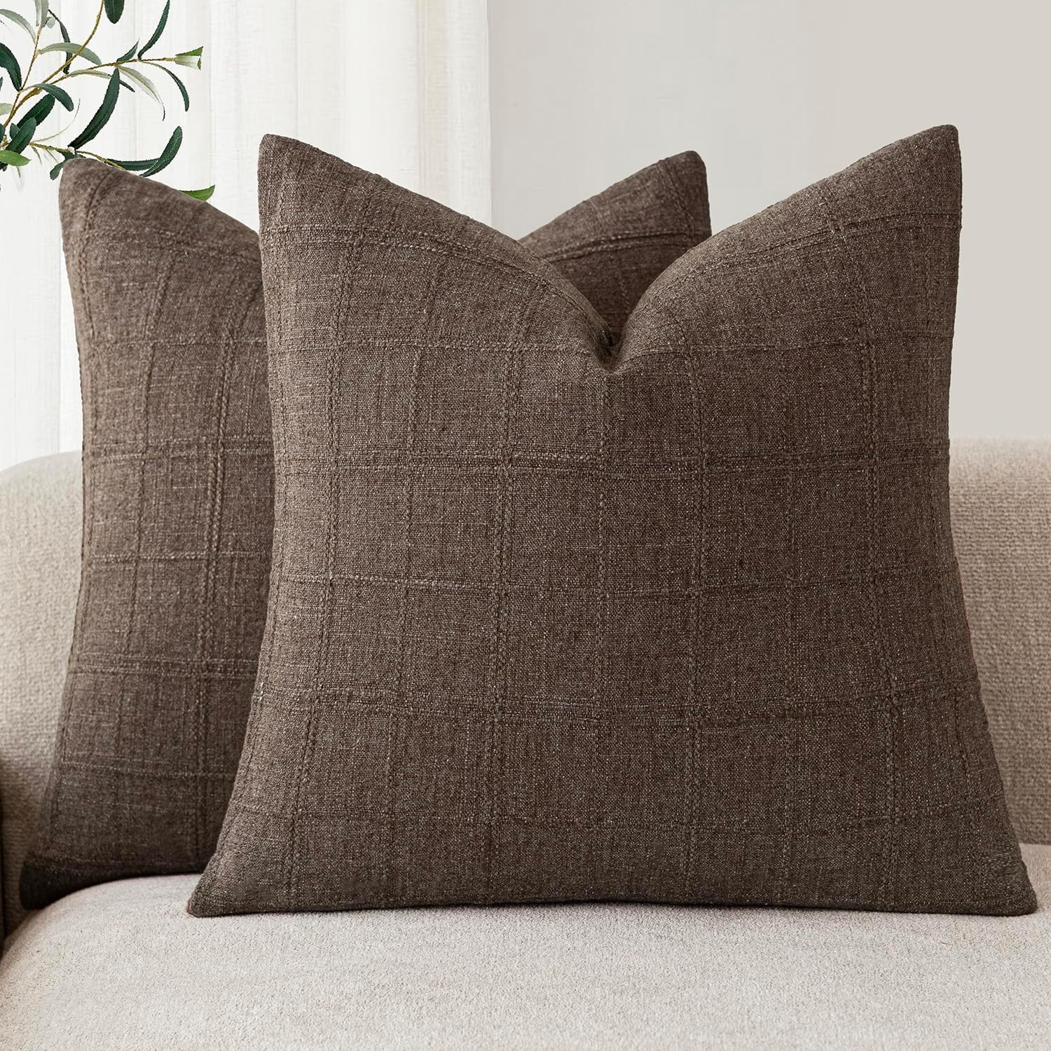 Foindtower Set of 2 Decorative Linen Check Throw Pillow Covers Neutral Farmhouse Vintage Cushion Covers Modern Boho Home Decor for Sofa Chair Couch Bedroom Living Room,26×26 Inch,Olive Green