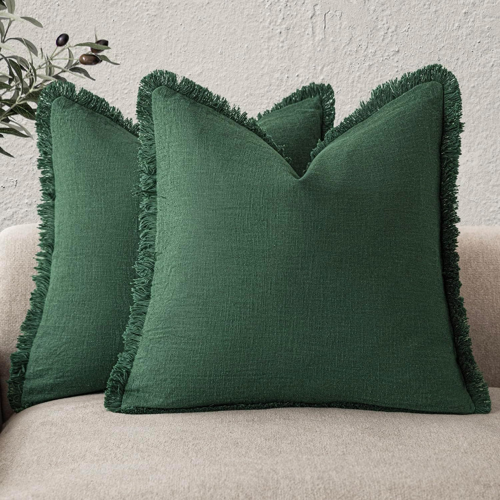 Foindtower Set of 2 Decorative Linen Fringe Throw Pillow Covers Cozy Boho Farmhouse Cushion Cover with Tassels Soft Accent Pillowcase for Couch Sofa Bed Living Room Home Decor, 26×26 Inch, Light Brown
