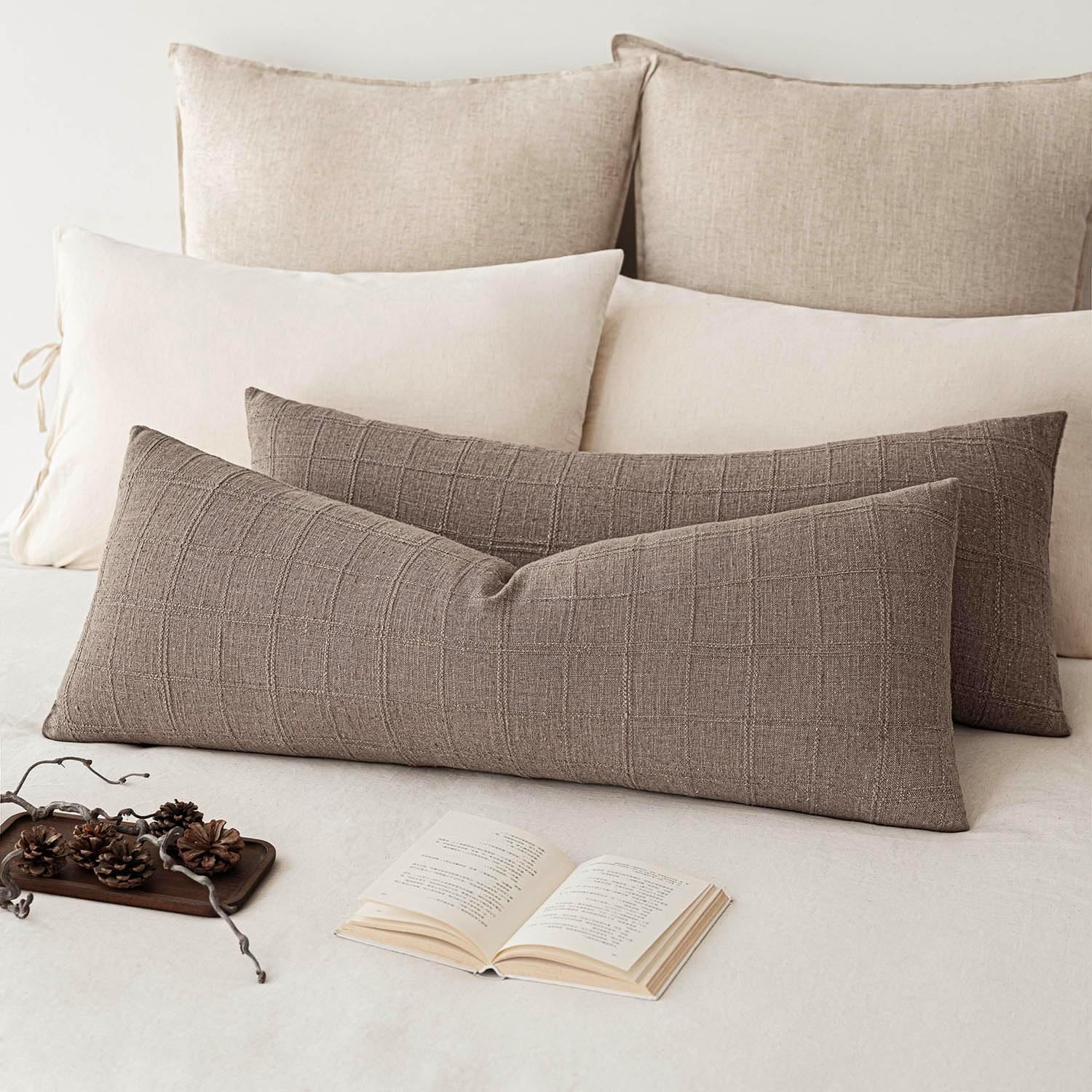 Foindtower Set of 2 Decorative Linen Check Throw Pillow Covers Neutral Farmhouse Vintage Cushion Covers Modern Boho Home Decor for Sofa Chair Couch Bedroom Living Room,26×26 Inch,Olive Green