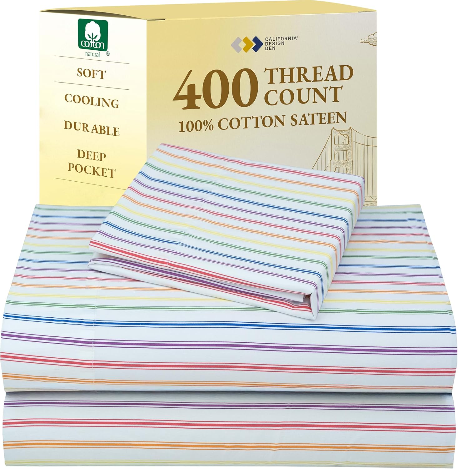 California Design Den Natural 100% Cotton Sheets Queen Size Bed Set - Soft 400 Thread Count Sateen, Queen Sheets, Deep Pockets with All Around Elastic for a Snug Fit, Durable Bedding - White