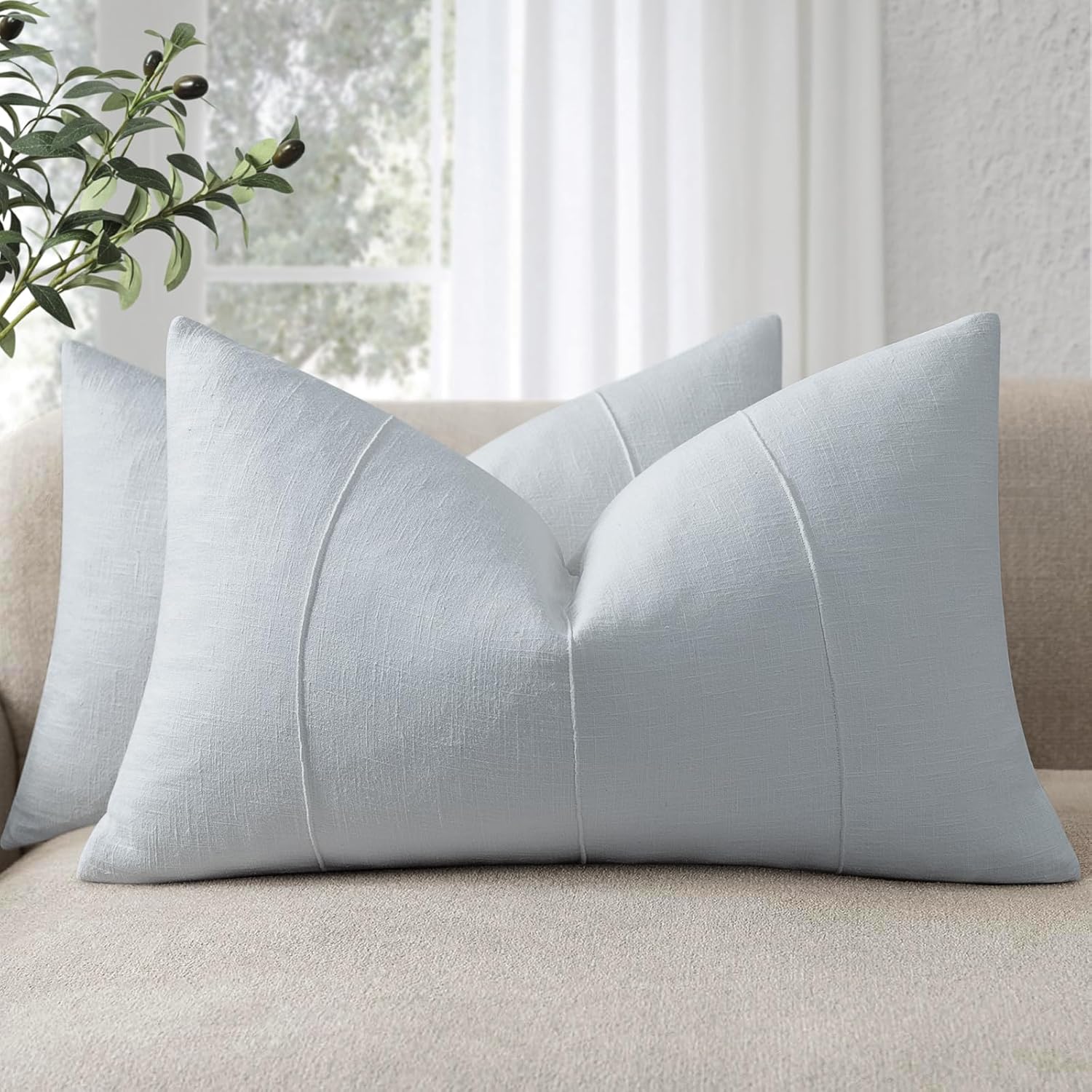 ZWJD Decorative Linen Throw Pillow Covers 26x26 Set of 2 Solid Handcrafted Striped Cushion Covers for Bed Soft Modern Farmhouse Neutral Pillowcase for Couch Bedroom Living Room Home Decor(Rust)