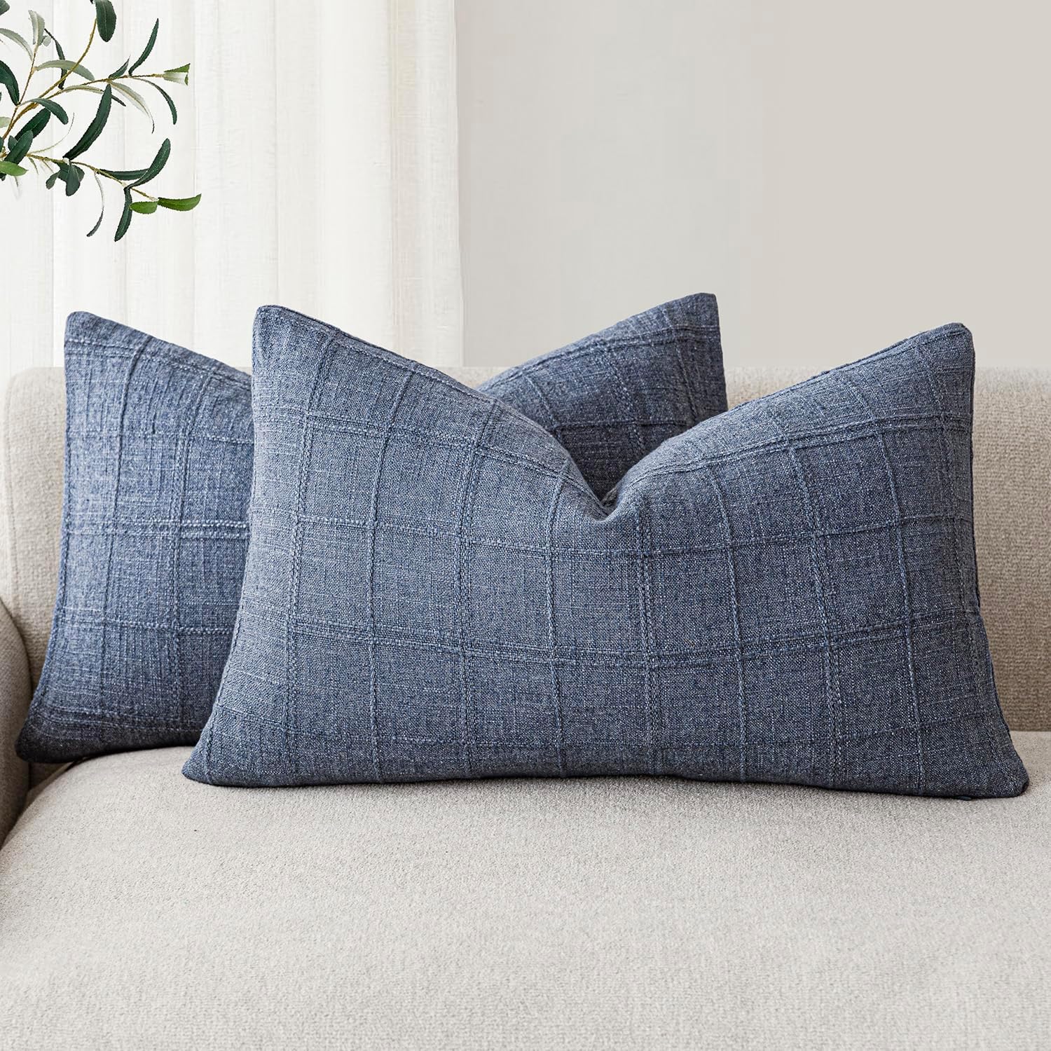 Foindtower Set of 2 Decorative Linen Check Throw Pillow Covers Neutral Farmhouse Vintage Cushion Covers Modern Boho Home Decor for Sofa Chair Couch Bedroom Living Room,26×26 Inch,Olive Green