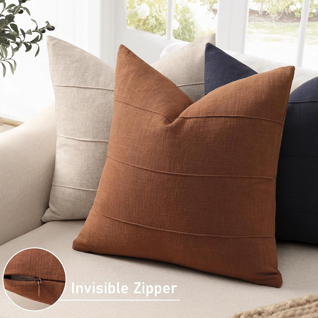 ZWJD Decorative Linen Throw Pillow Covers 26x26 Set of 2 Solid Handcrafted Striped Cushion Covers for Bed Soft Modern Farmhouse Neutral Pillowcase for Couch Bedroom Living Room Home Decor(Rust)