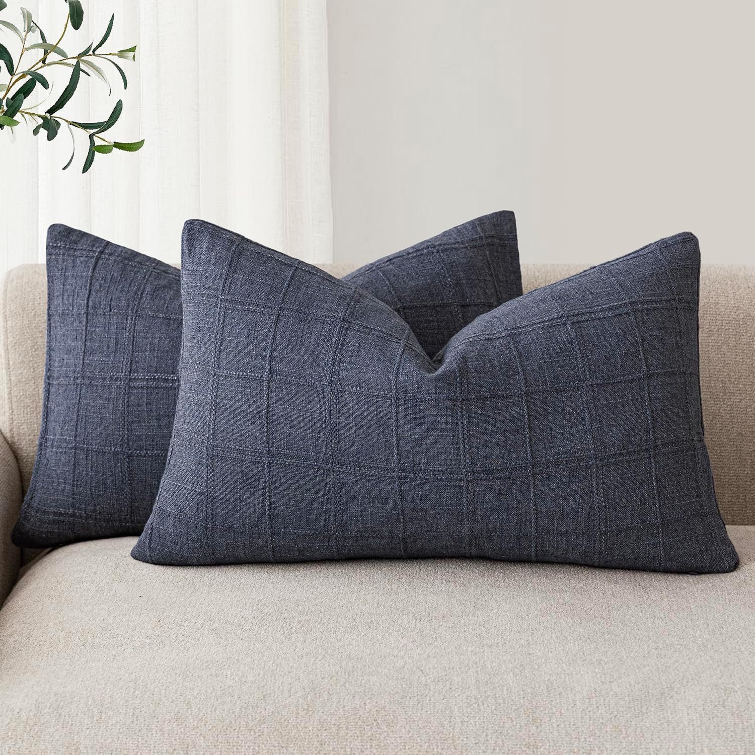 Foindtower Set of 2 Decorative Linen Check Throw Pillow Covers Neutral Farmhouse Vintage Cushion Covers Modern Boho Home Decor for Sofa Chair Couch Bedroom Living Room,26×26 Inch,Olive Green