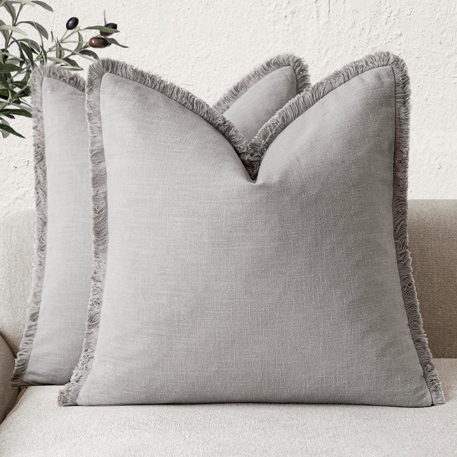 Foindtower Set of 2 Decorative Linen Fringe Throw Pillow Covers Cozy Boho Farmhouse Cushion Cover with Tassels Soft Accent Pillowcase for Couch Sofa Bed Living Room Home Decor, 26×26 Inch, Light Brown