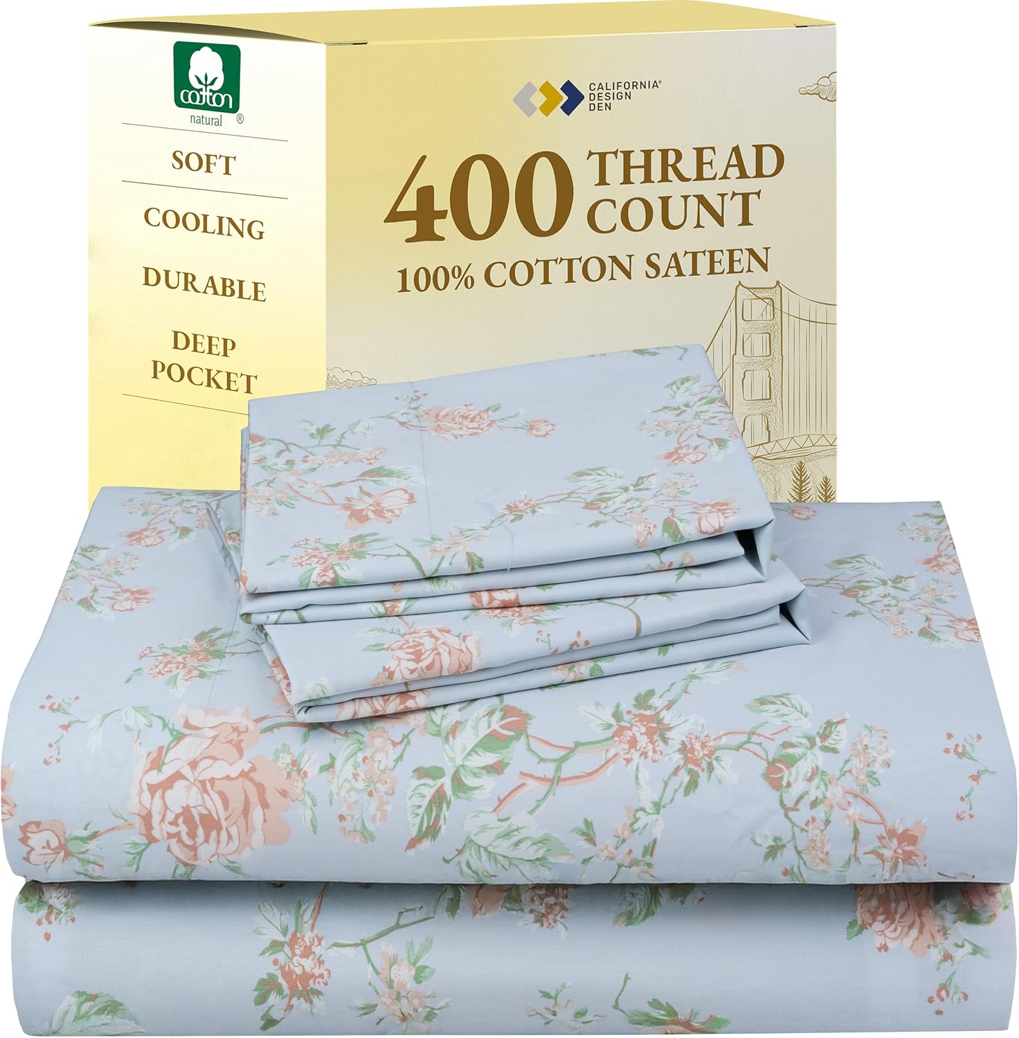 California Design Den Natural 100% Cotton Sheets Queen Size Bed Set - Soft 400 Thread Count Sateen, Queen Sheets, Deep Pockets with All Around Elastic for a Snug Fit, Durable Bedding - White