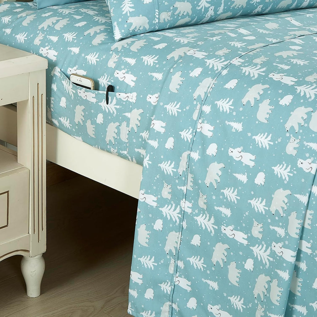 Elegant Comfort Luxury Soft Bed Sheets Holiday Pattern 1500 Premium Hotel Quality Microfiber - Softness Wrinkle and Fade Resistant (6-Piece) Bedding Set, Queen, Blue Polar Bear